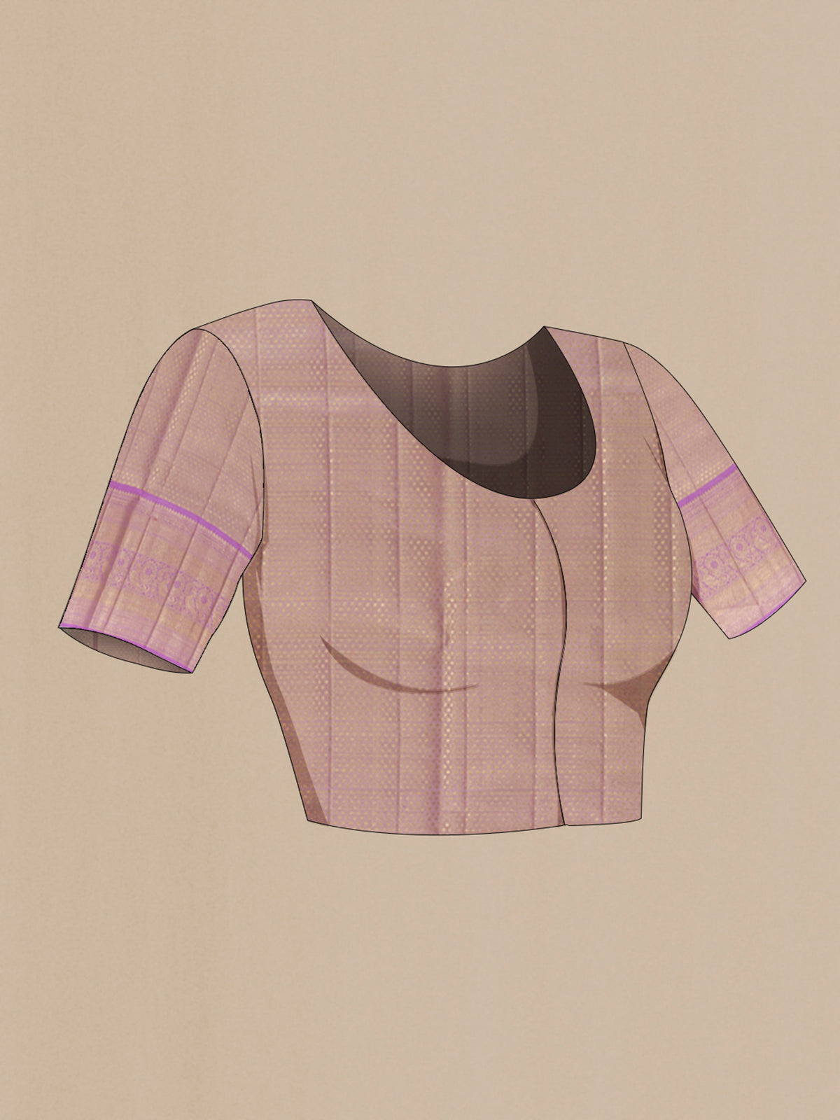 Close up image of the blouse of Lavender Kanjivaram Tissue Silk Saree with Zari Brocade on the body and Zari Border. 
