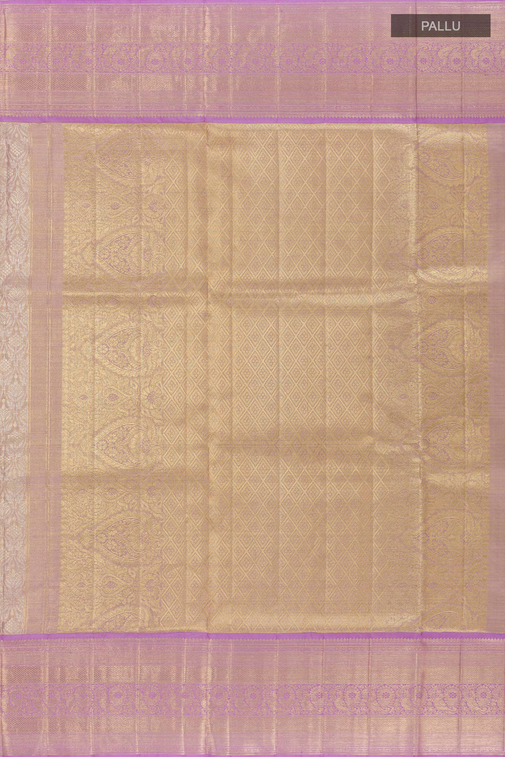 Close up image of the pallu of Lavender Kanjivaram Tissue Silk Saree with Zari Brocade on the body and Zari Border. 