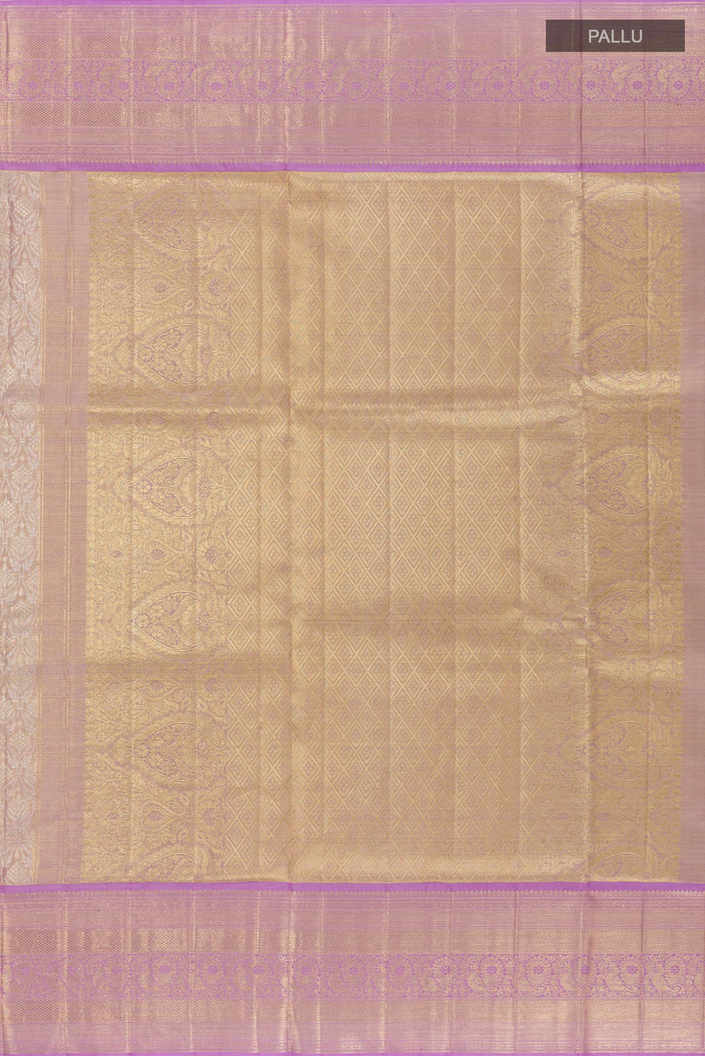 Close up image of the pallu of Lavender Kanjivaram Tissue Silk Saree with Zari Brocade on the body and Zari Border. 