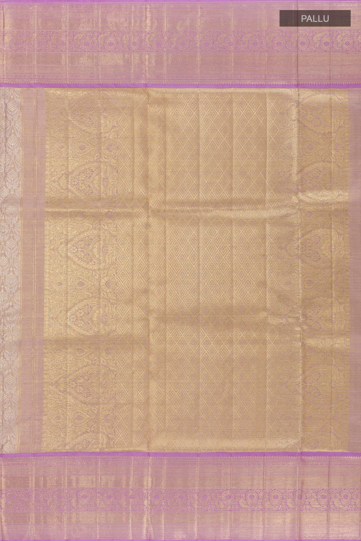 Close up image of the pallu of Lavender Kanjivaram Tissue Silk Saree with Zari Brocade on the body and Zari Border. 