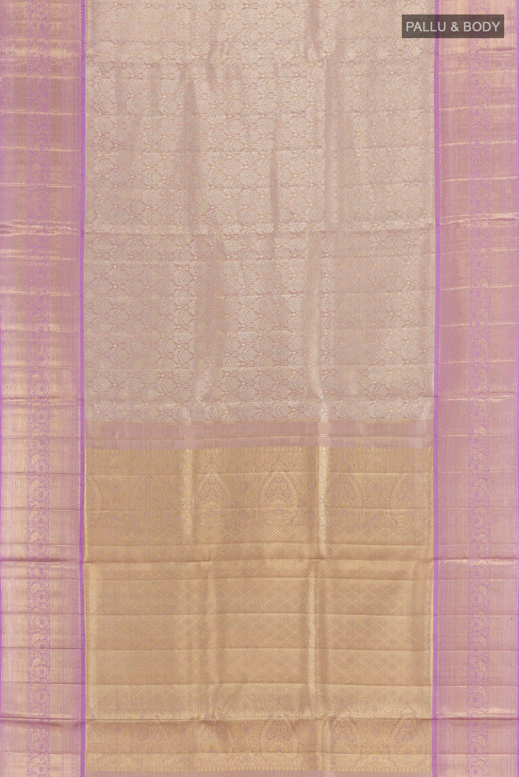 Flat view of Lavender Kanjivaram Tissue Silk Saree with Zari Brocade on the body and Zari Border. 