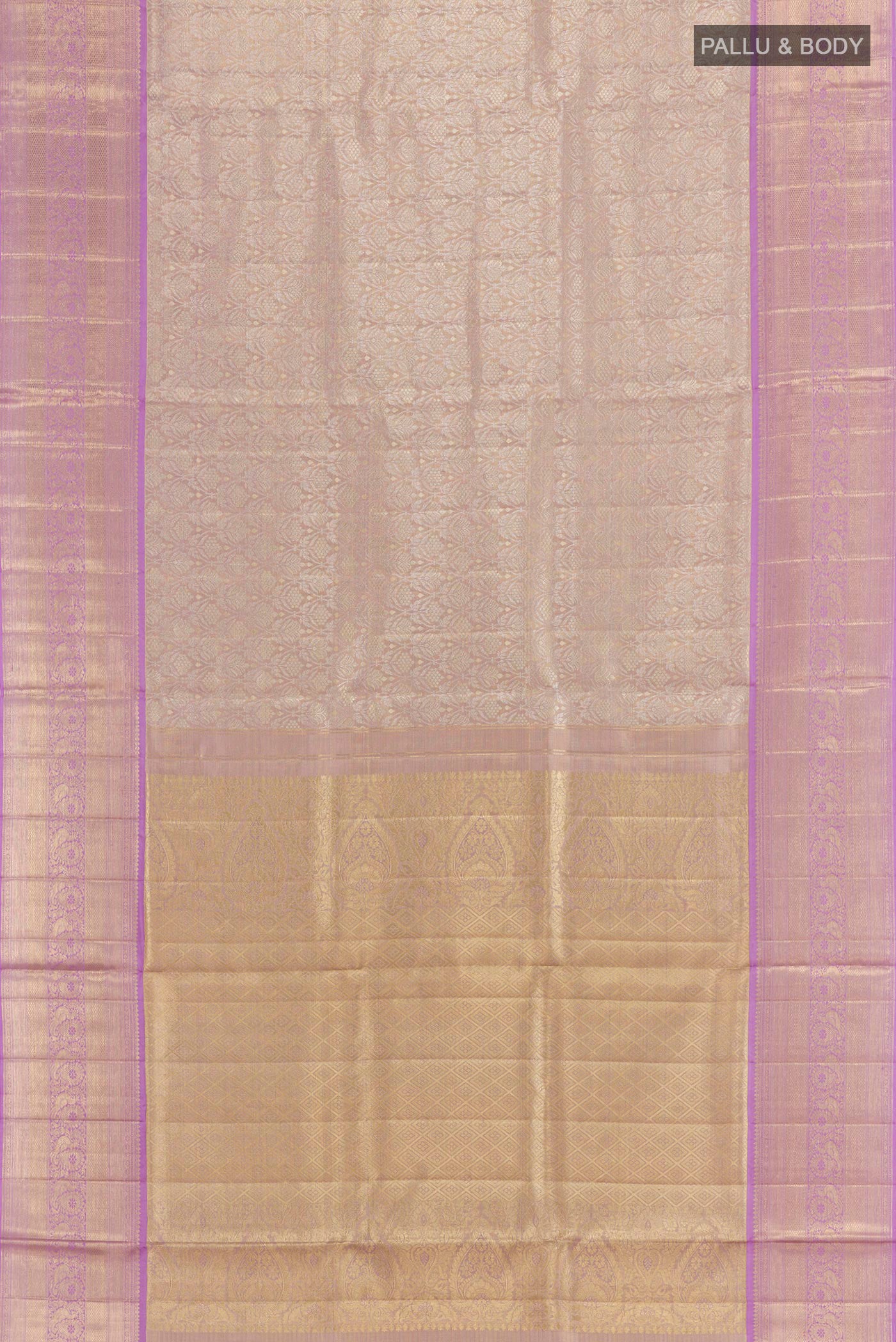 Flat view of Lavender Kanjivaram Tissue Silk Saree with Zari Brocade on the body and Zari Border. 