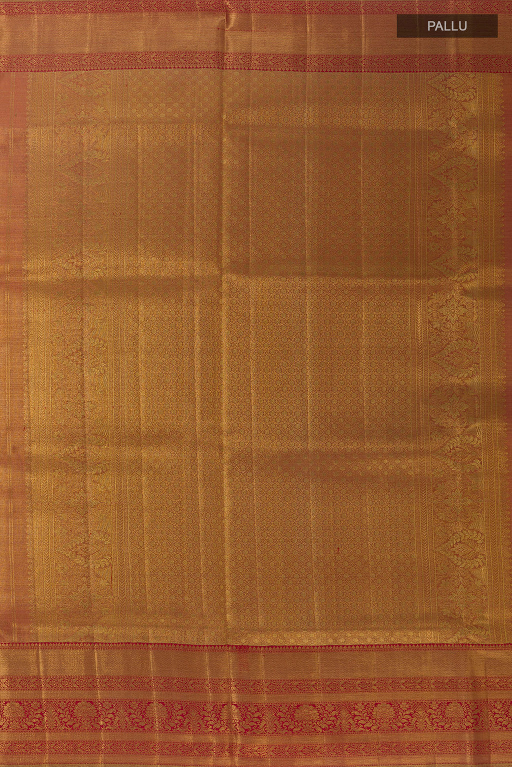 Close up image of the pallu of Golden Kanjivaram Tissue Silk Saree with Zari Brocade on the body and Zari Border. 