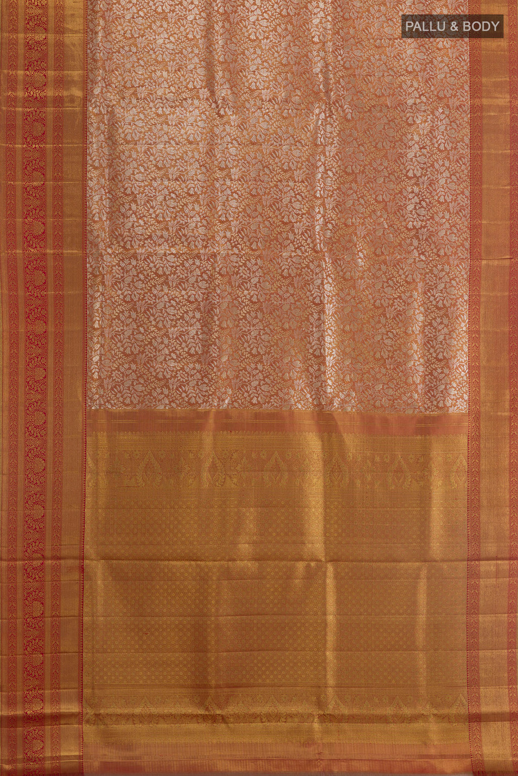 Flat view of Golden Kanjivaram Tissue Silk Saree with Zari Brocade on the body and Zari Border. 