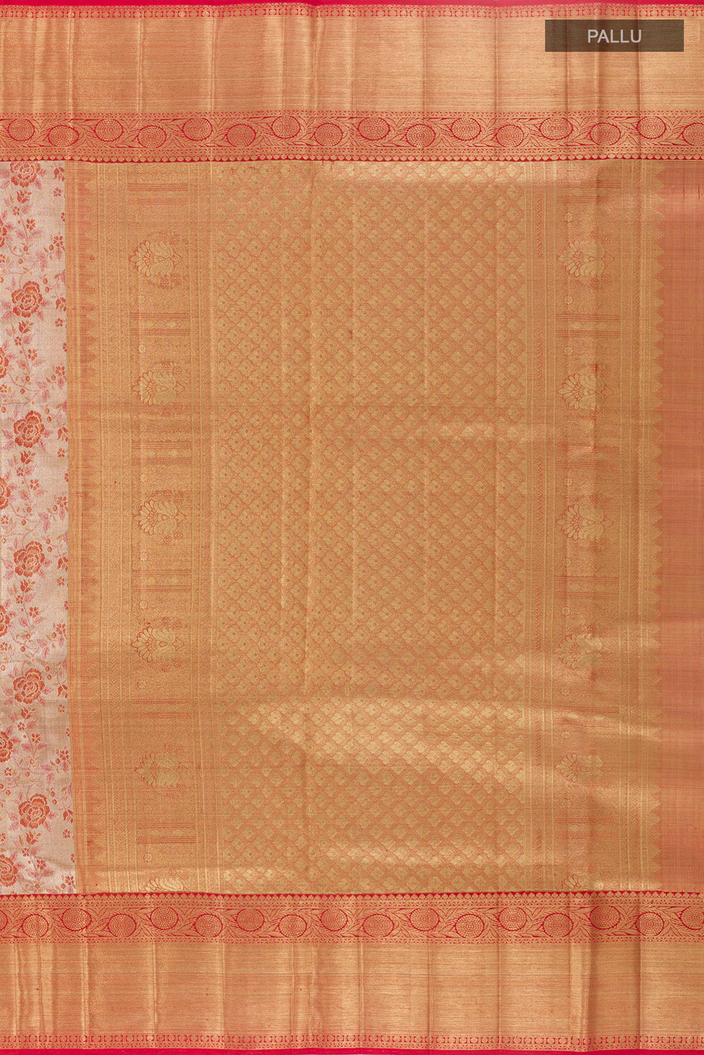 Close up image of the pallu of Gold Kanjivaram Tissue Silk Saree with Zari Brocade on the body and Zari Border. 