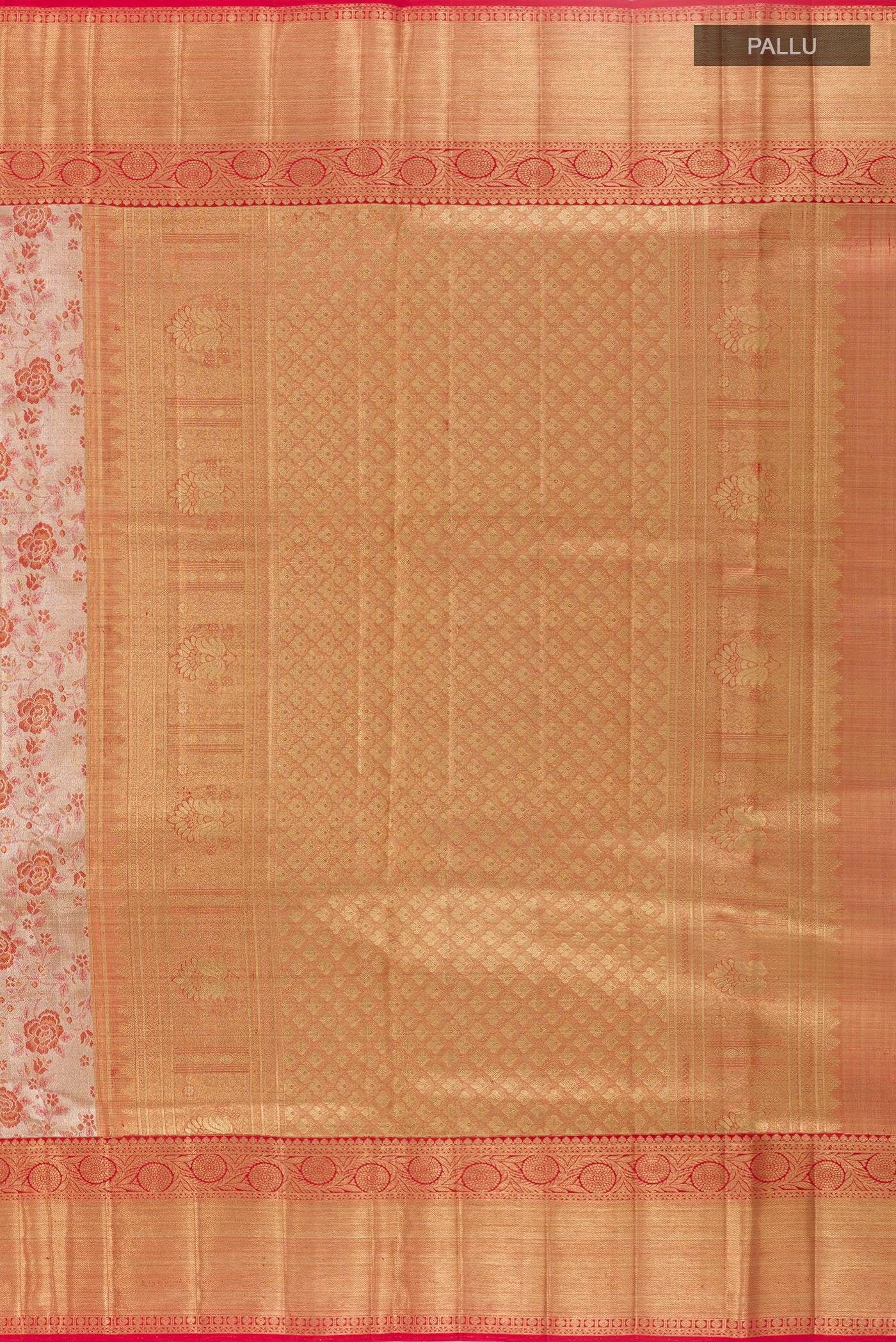 Close up image of the pallu of Gold Kanjivaram Tissue Silk Saree with Zari Brocade on the body and Zari Border. 