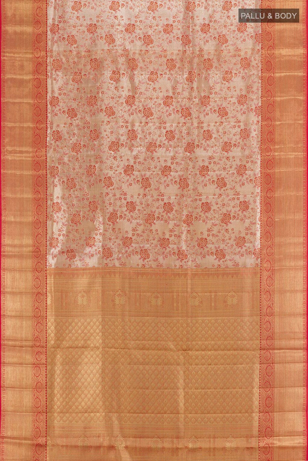 Flat view of Gold Kanjivaram Tissue Silk Saree with Zari Brocade on the body and Zari Border. 