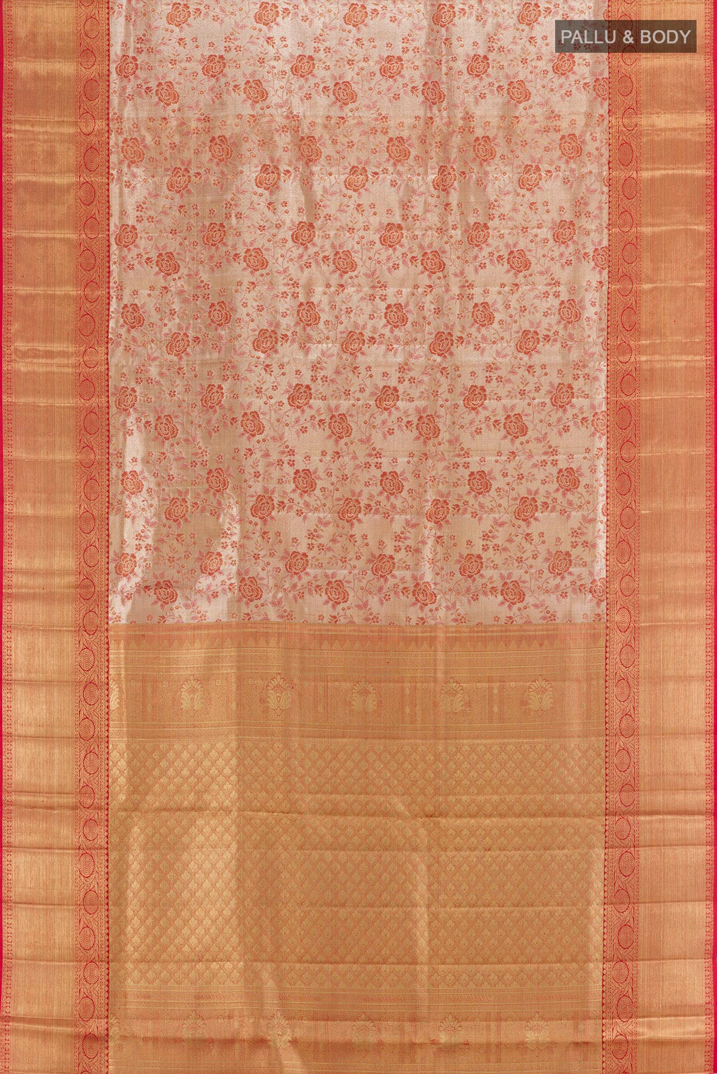 Flat view of Gold Kanjivaram Tissue Silk Saree with Zari Brocade on the body and Zari Border. 