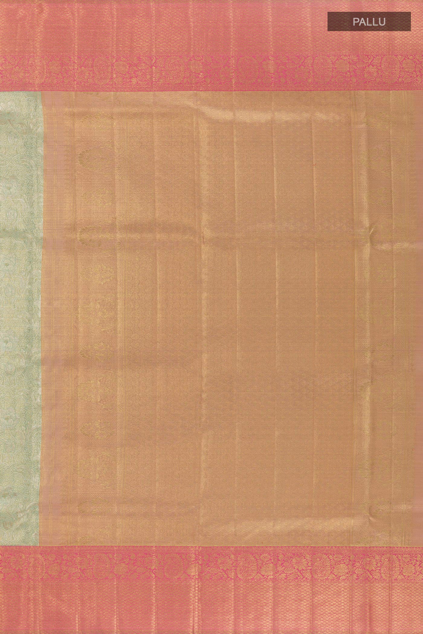 Close up image of the pallu of Sea Green Kanjivaram Tissue Silk Saree with Zari Brocade on the body and Zari Border. 
