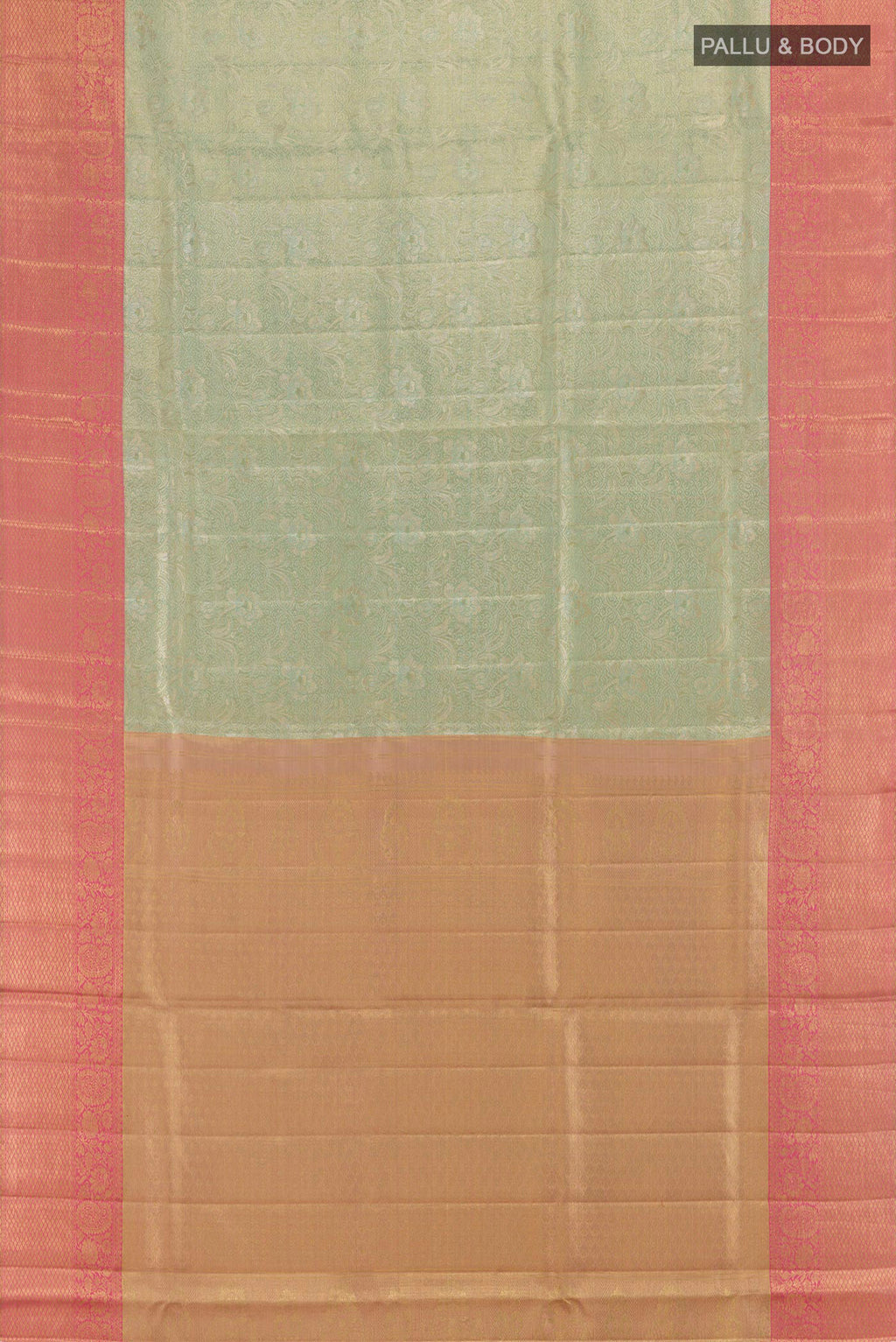 Flat view of Sea Green Kanjivaram Tissue Silk Saree with Zari Brocade on the body and Zari Border. 