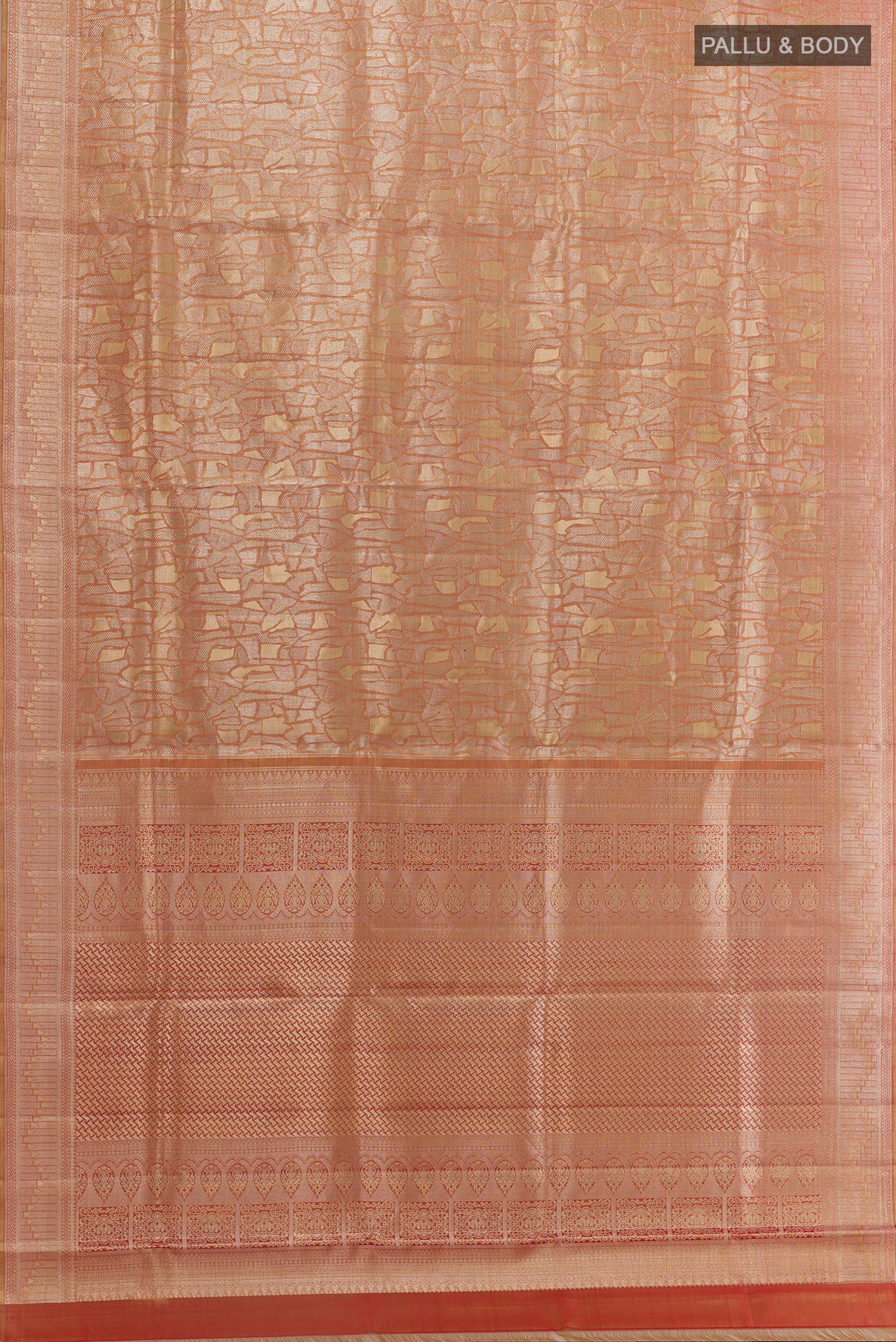 Flat view of Golden Peach Dual Tone Kanjivaram Tissue Silk Saree with Zari Brocade on the body and Zari Border. 