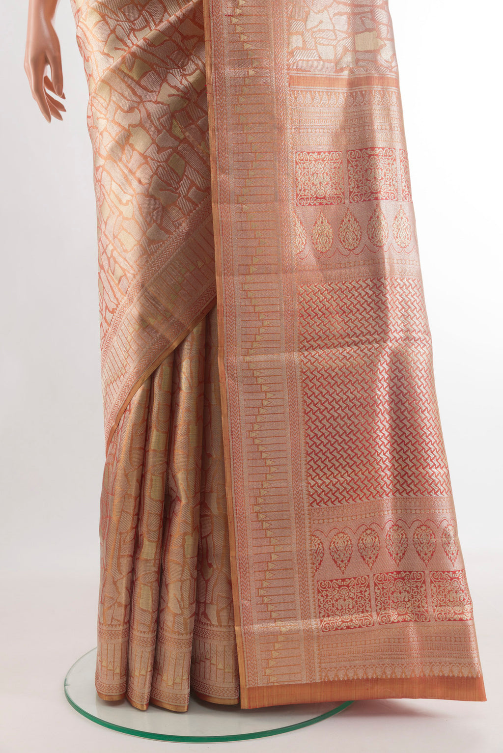 Pleats and pallu of Golden Peach Dual Tone Kanjivaram Tissue Silk Saree with Zari Brocade on the body and Zari Border. 