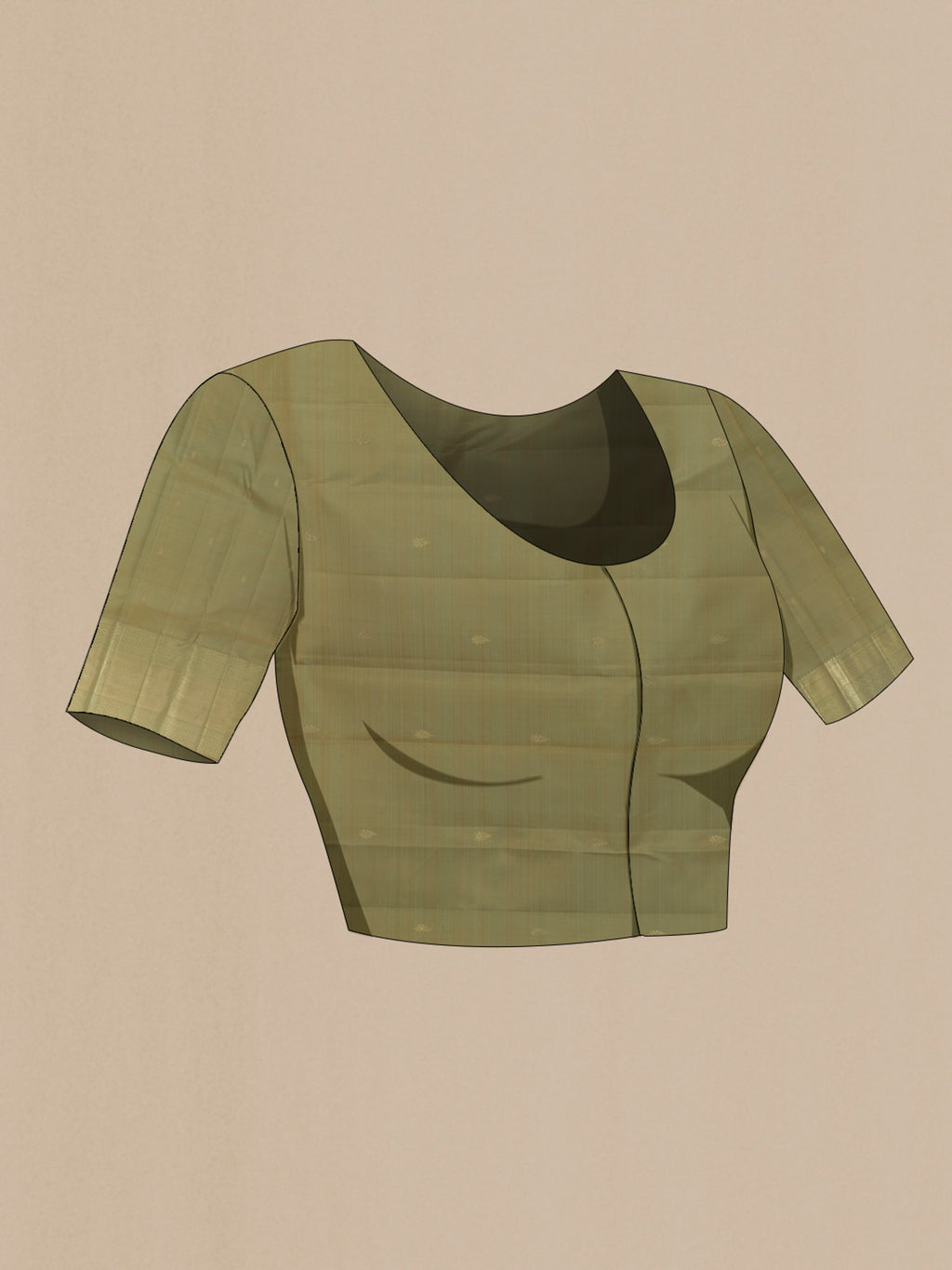 Close up image of the blouse of Olive Green Kanchipuram Tissue Silk Saree with Zari Brocade on the body and Zari Border. 
