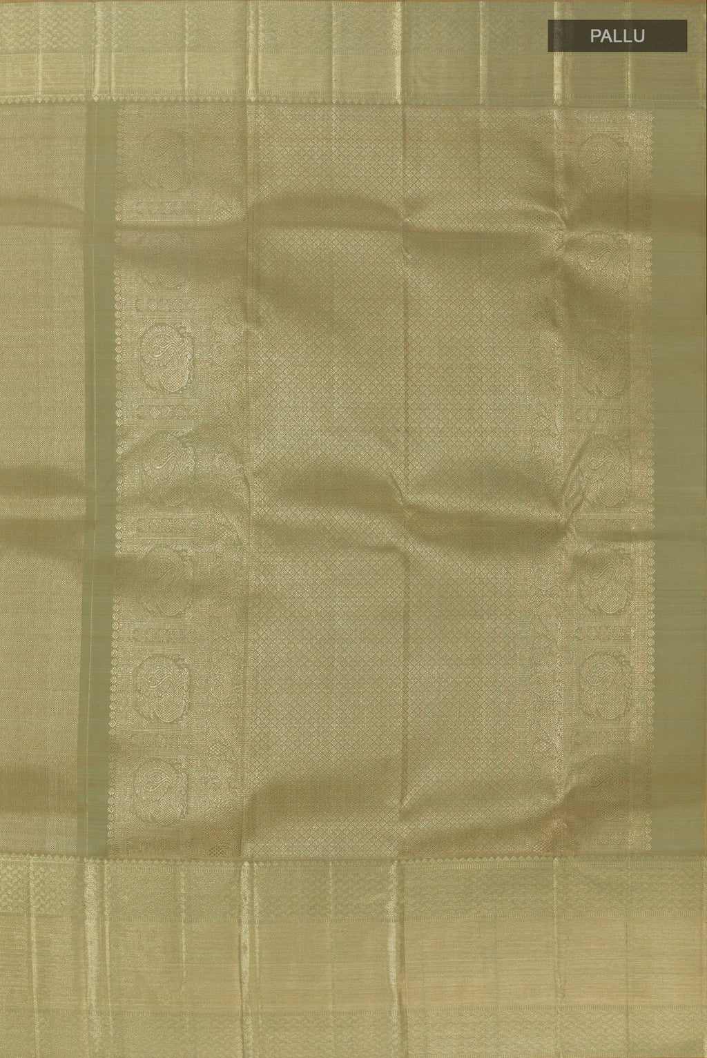 Close up image of the pallu of Olive Green Kanchipuram Tissue Silk Saree with Zari Brocade on the body and Zari Border. 