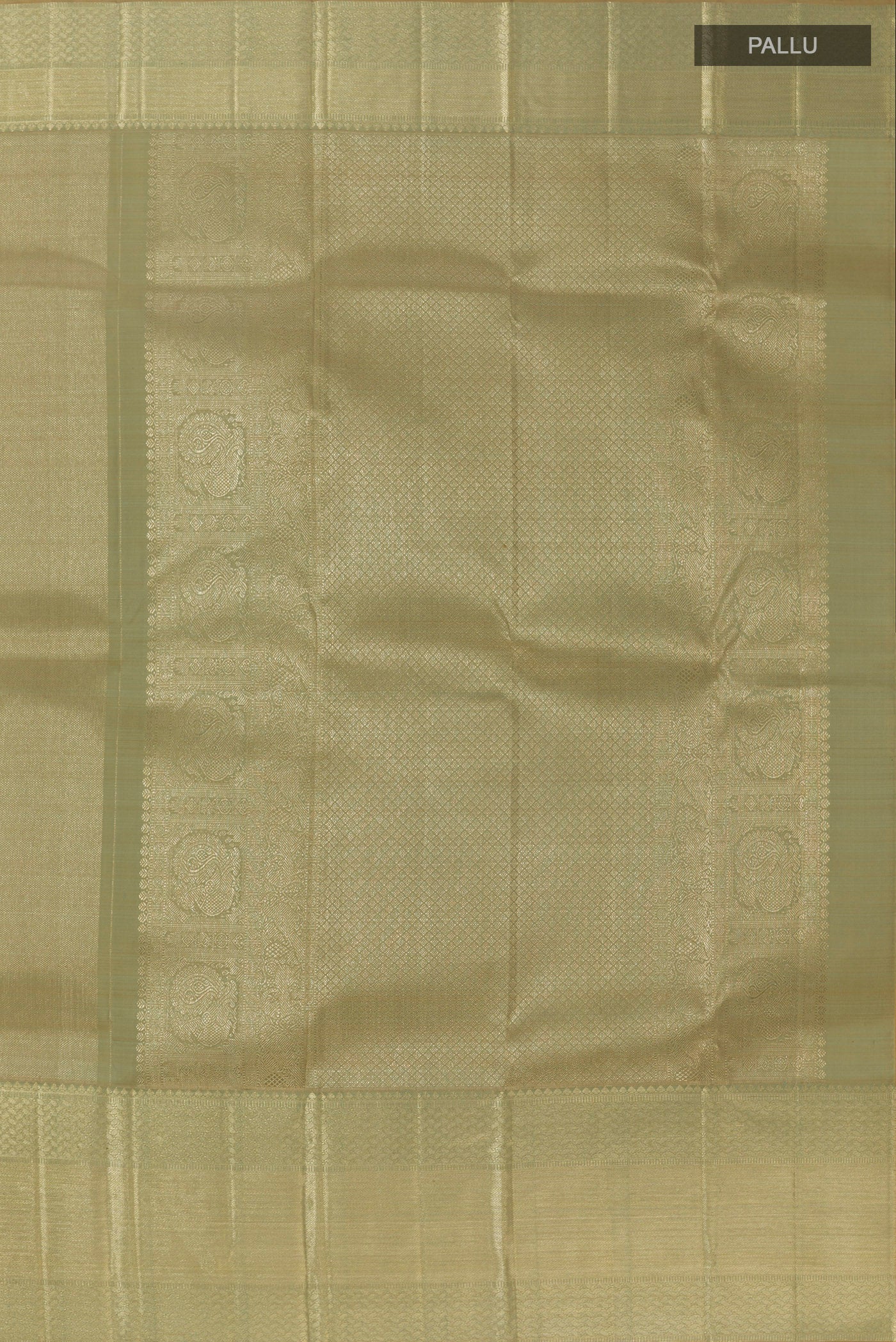 Close up image of the pallu of Olive Green Kanchipuram Tissue Silk Saree with Zari Brocade on the body and Zari Border. 