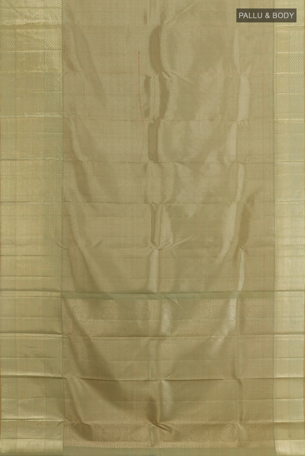 Flat view of Olive Green Kanchipuram Tissue Silk Saree with Zari Brocade on the body and Zari Border. 