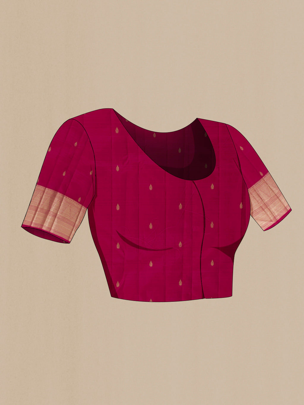 Close up image of the blouse of Magenta Kanchipuram Silk Saree with Zari Brocade on the body and Zari Border. 