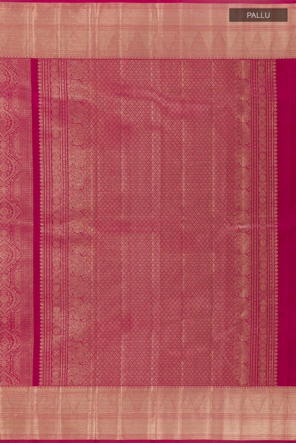 Close up image of the pallu of Magenta Kanchipuram Silk Saree with Zari Brocade on the body and Zari Border. 
