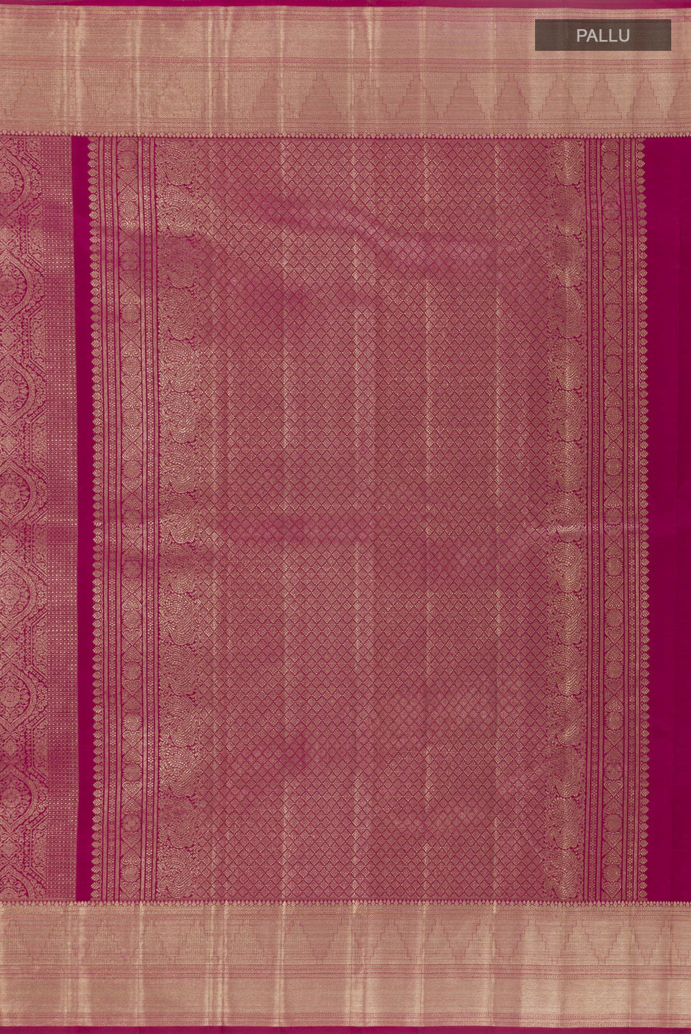 Close up image of the pallu of Magenta Kanchipuram Silk Saree with Zari Brocade on the body and Zari Border. 