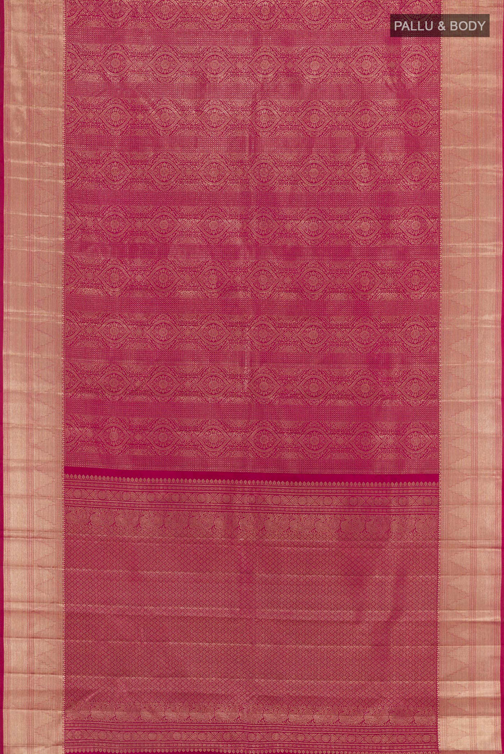 Flat view of Magenta Kanchipuram Silk Saree with Zari Brocade on the body and Zari Border. 