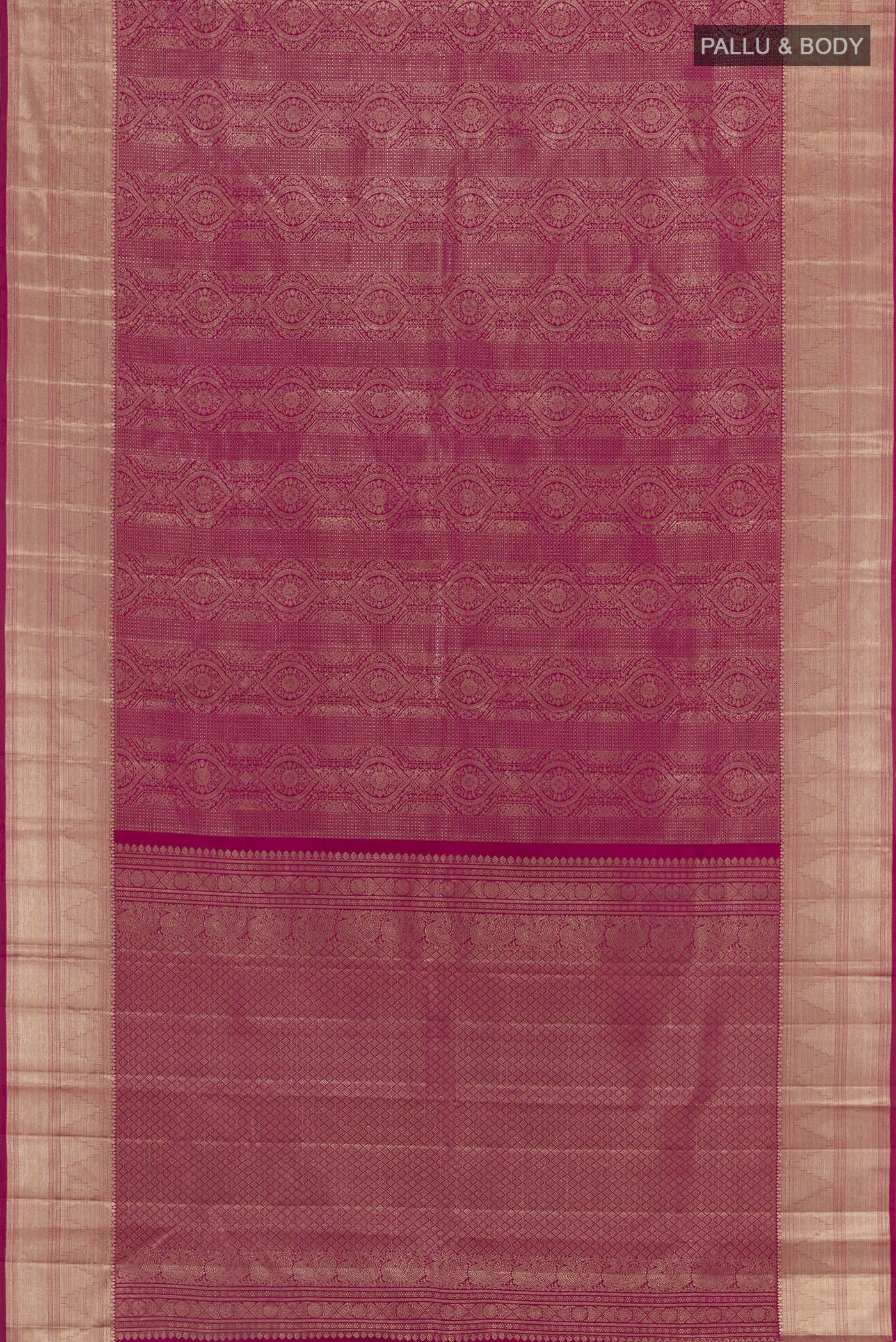 Flat view of Magenta Kanchipuram Silk Saree with Zari Brocade on the body and Zari Border. 