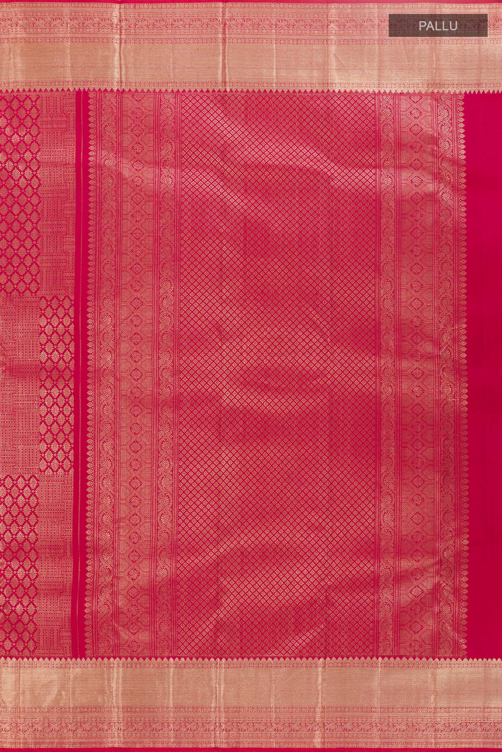 Close up image of the pallu of Red Kanchipuram Silk Saree with Zari Brocade on the body and Zari Border. 