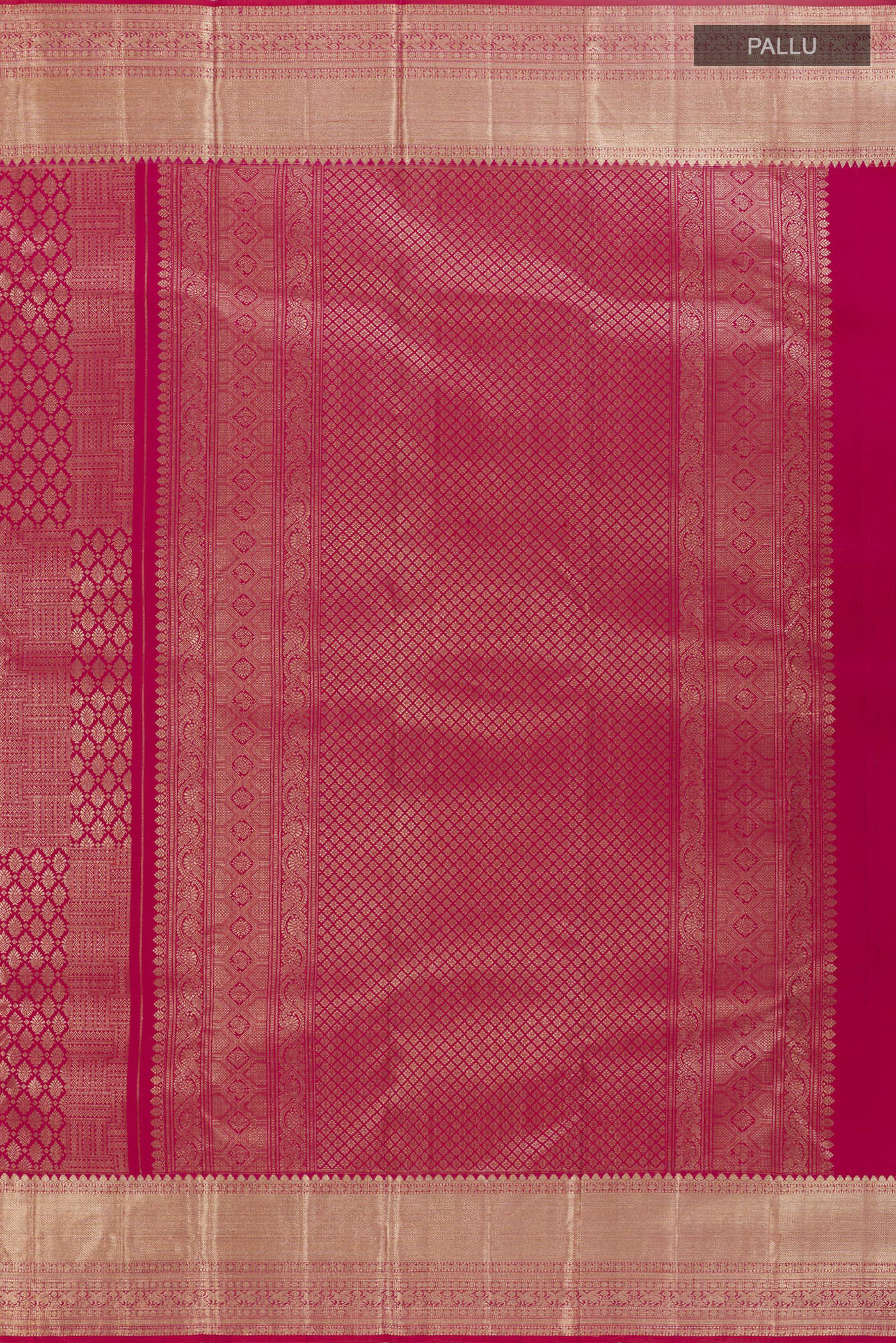 Close up image of the pallu of Red Kanchipuram Silk Saree with Zari Brocade on the body and Zari Border. 