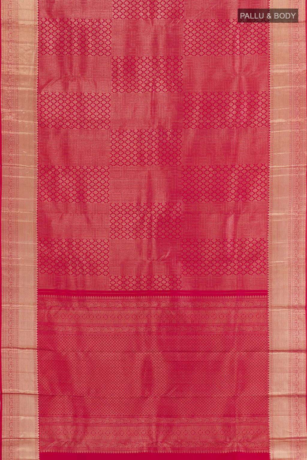Flat view of Red Kanchipuram Silk Saree with Zari Brocade on the body and Zari Border. 