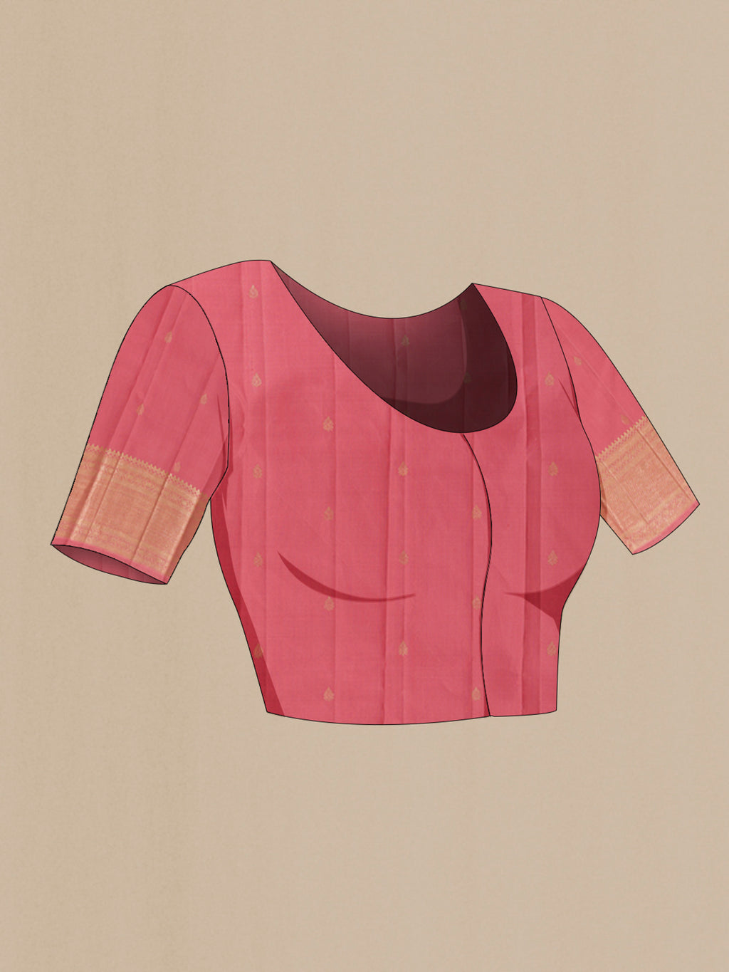Close up image of the blouse of Rose pink Kanchipuram Silk Saree with Zari Brocade on the body and Zari Border. 