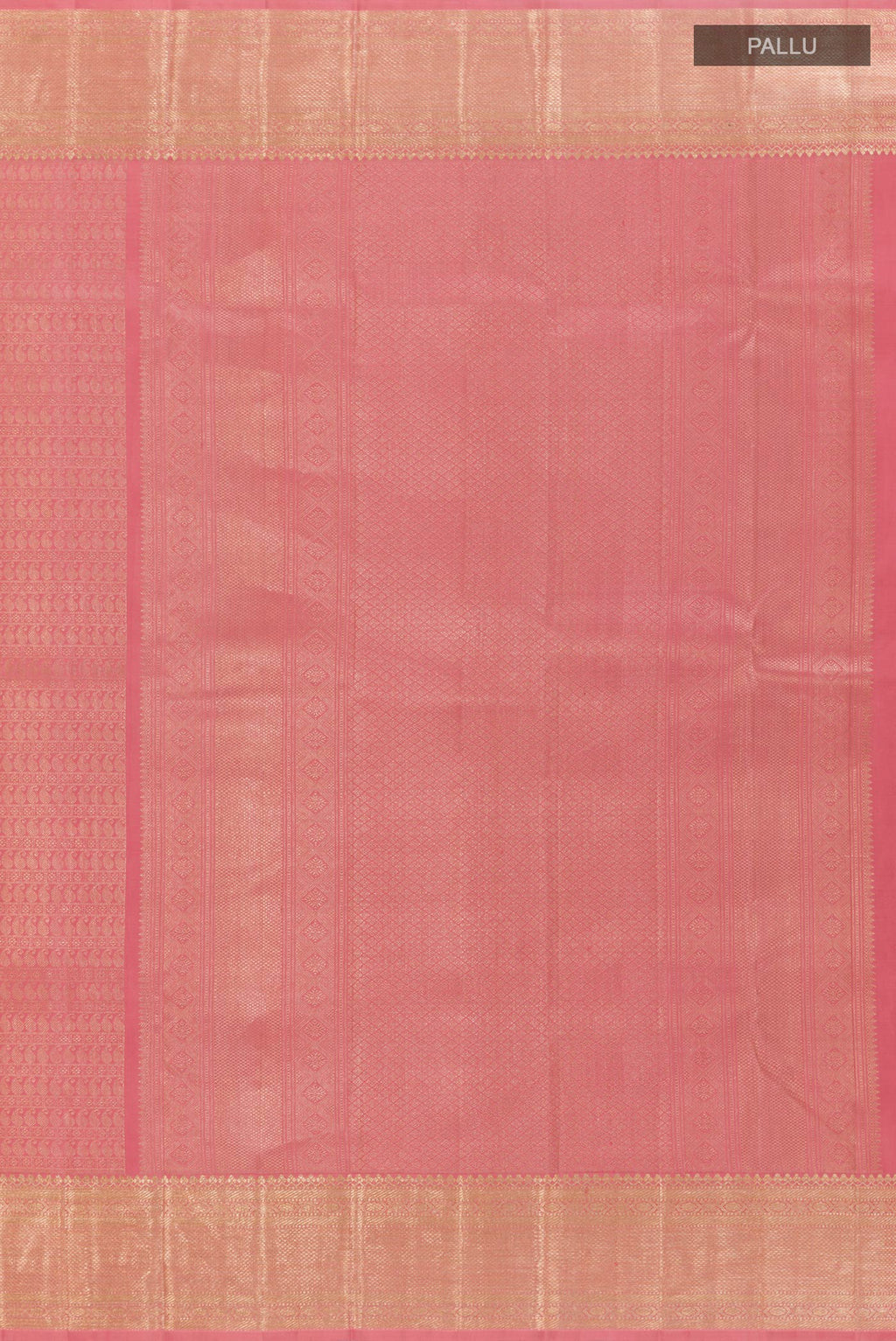 Close up image of the pallu of Rose pink Kanchipuram Silk Saree with Zari Brocade on the body and Zari Border. 