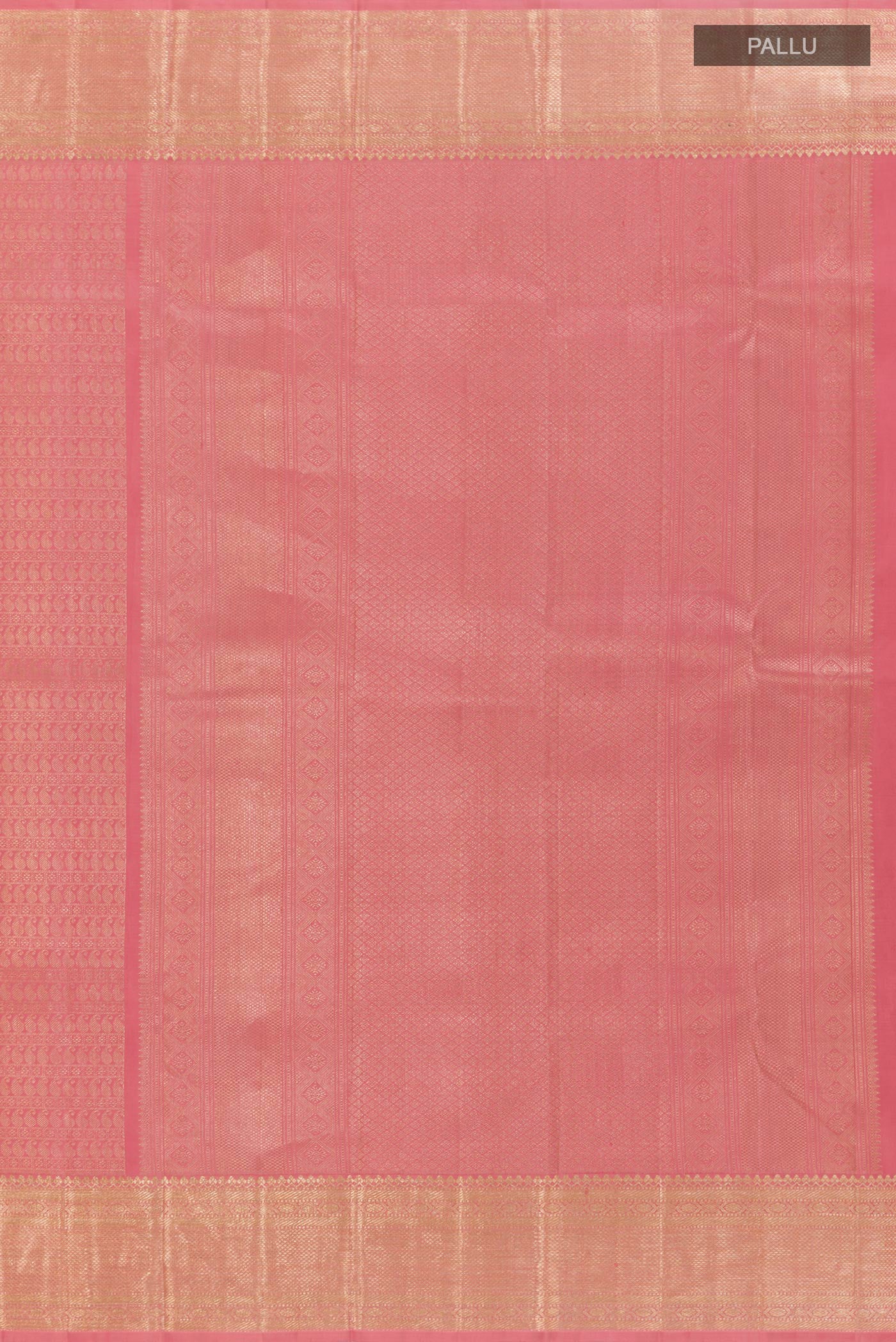 Close up image of the pallu of Rose pink Kanchipuram Silk Saree with Zari Brocade on the body and Zari Border. 