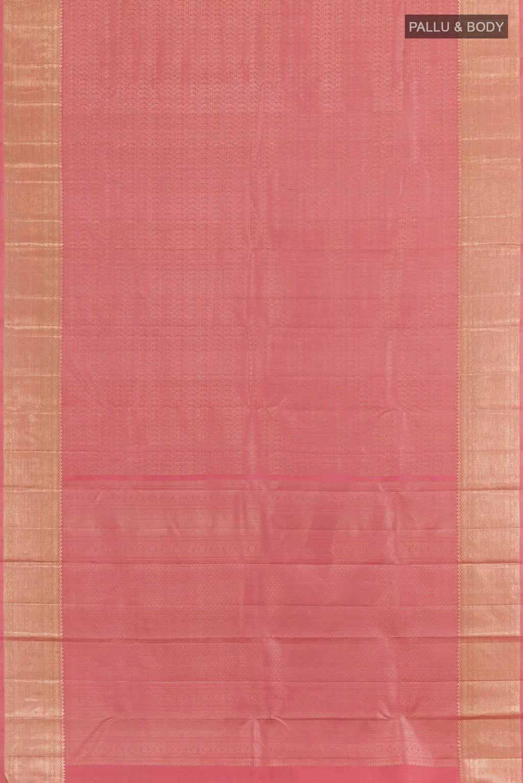 Flat view of Rose pink Kanchipuram Silk Saree with Zari Brocade on the body and Zari Border. 