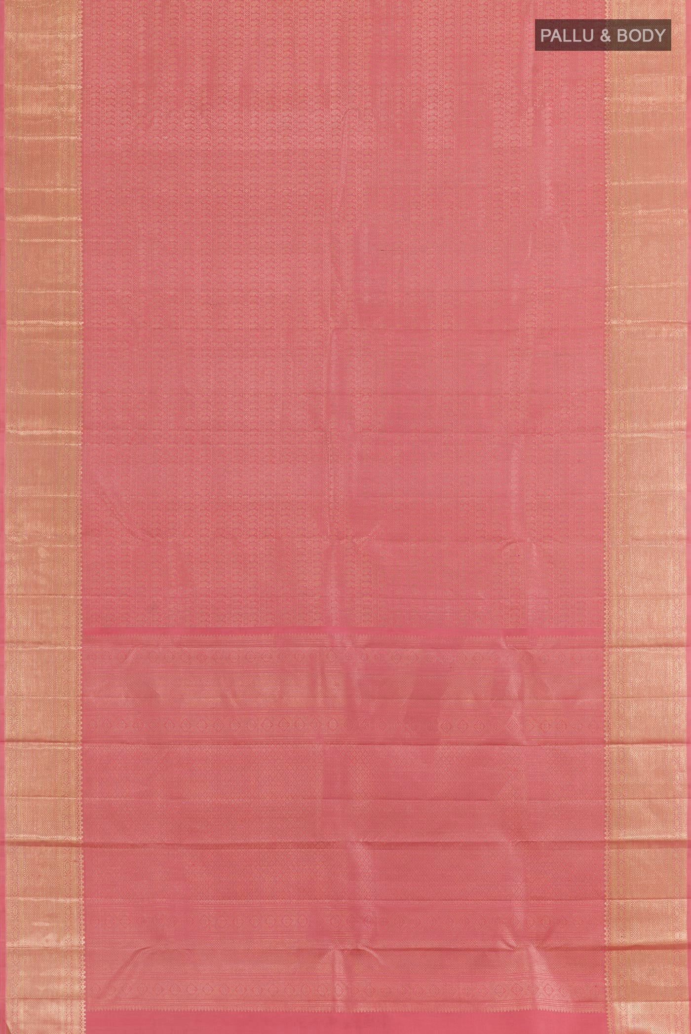 Flat view of Rose pink Kanchipuram Silk Saree with Zari Brocade on the body and Zari Border. 