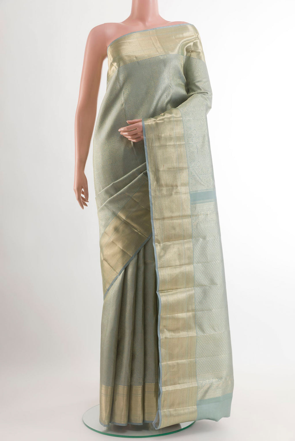 Blue Grey Kanchipuram Silk Saree with Zari Brocade on the body and Zari Border.  displayed on a mannequin