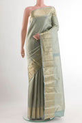 Blue Grey Kanchipuram Silk Saree with Zari Brocade on the body and Zari Border.  displayed on a mannequin