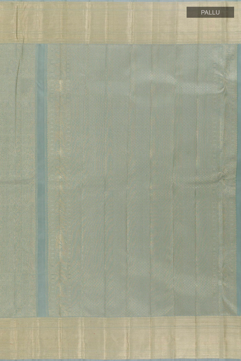Close up image of the pallu of Blue Grey Kanchipuram Silk Saree with Zari Brocade on the body and Zari Border. 