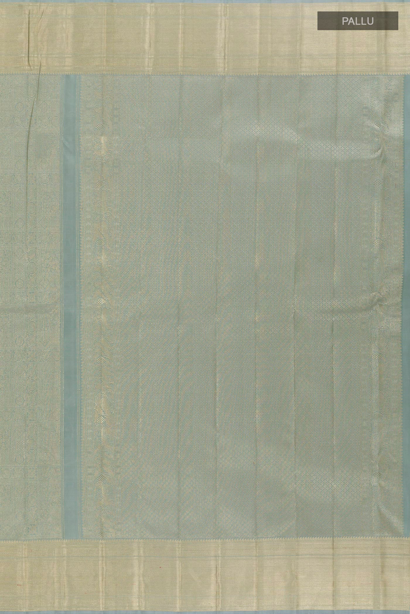 Close up image of the pallu of Blue Grey Kanchipuram Silk Saree with Zari Brocade on the body and Zari Border. 
