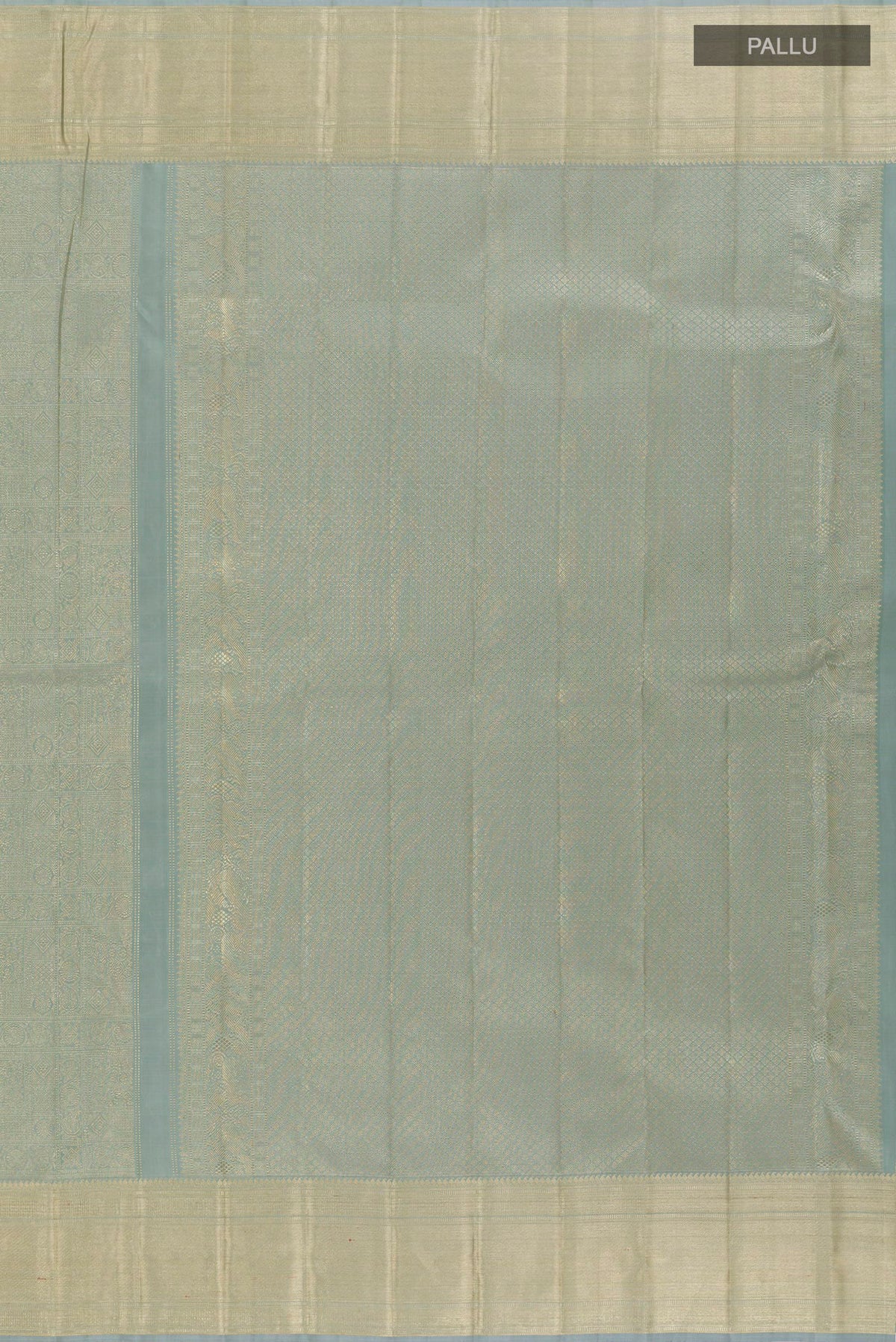 Close up image of the pallu of Blue Grey Kanchipuram Silk Saree with Zari Brocade on the body and Zari Border. 