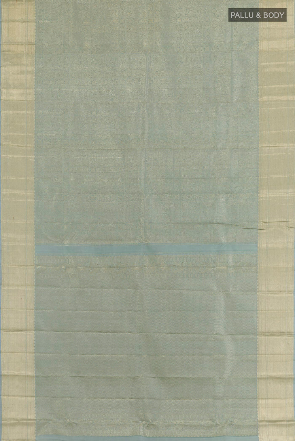 Flat view of Blue Grey Kanchipuram Silk Saree with Zari Brocade on the body and Zari Border. 