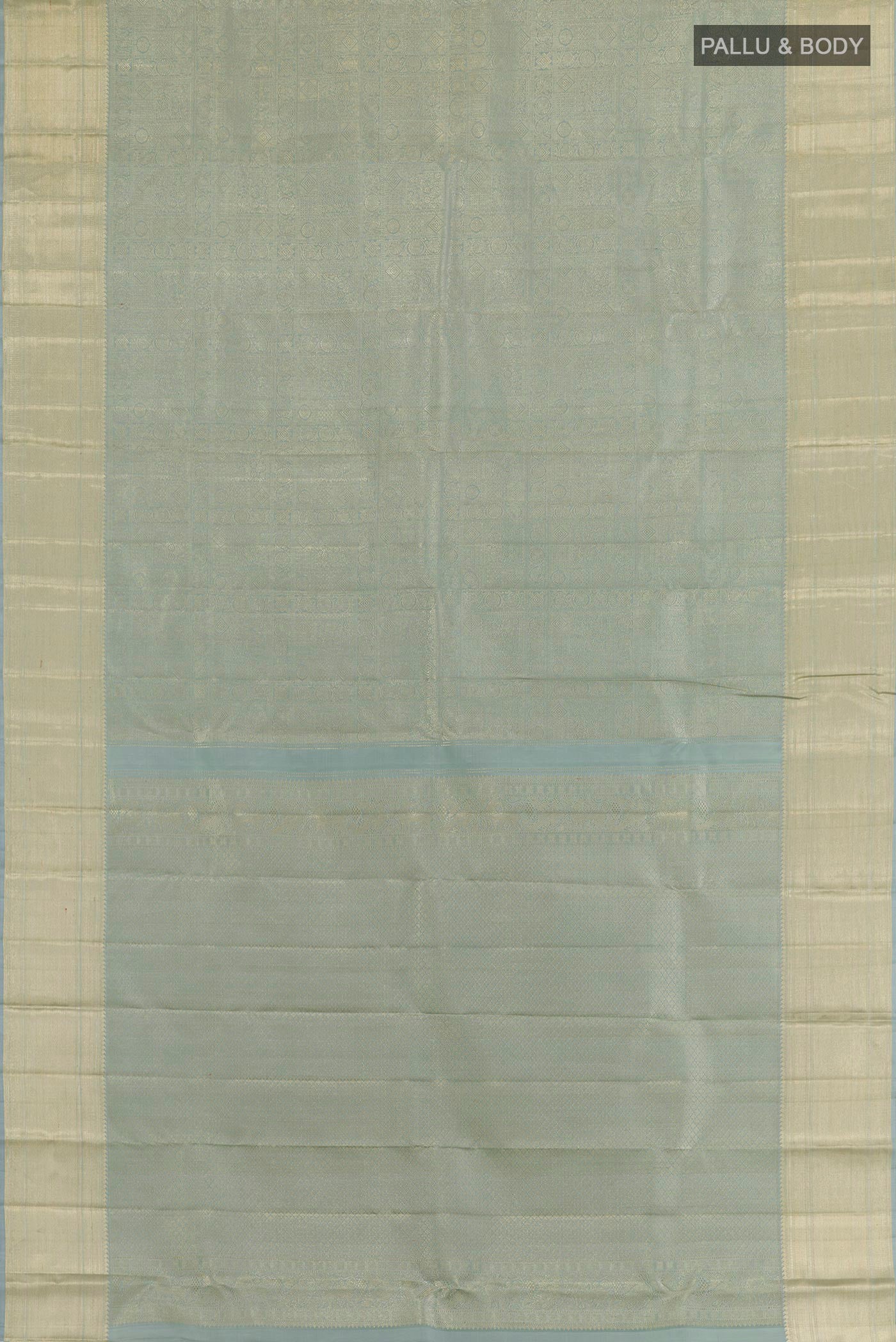 Flat view of Blue Grey Kanchipuram Silk Saree with Zari Brocade on the body and Zari Border. 