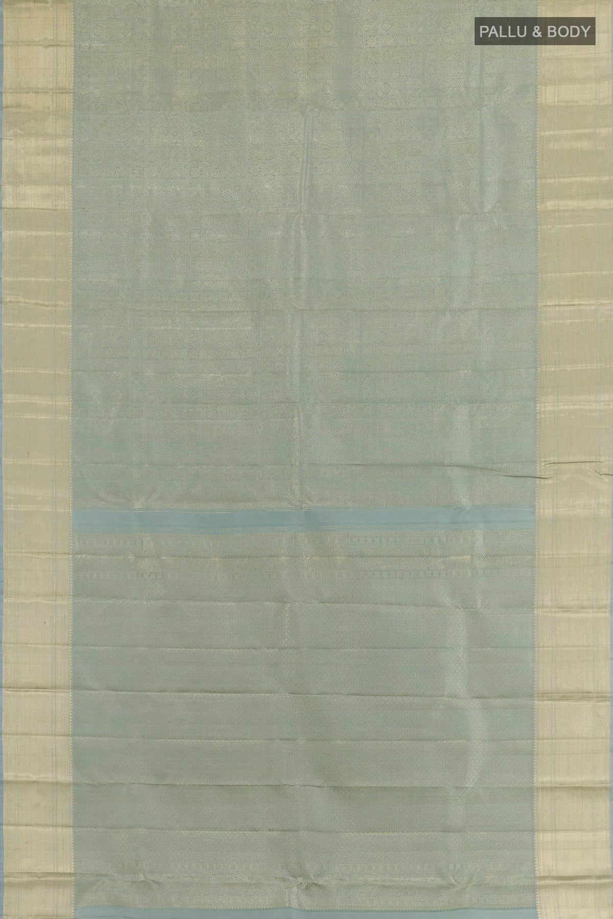 Flat view of Blue Grey Kanchipuram Silk Saree with Zari Brocade on the body and Zari Border. 