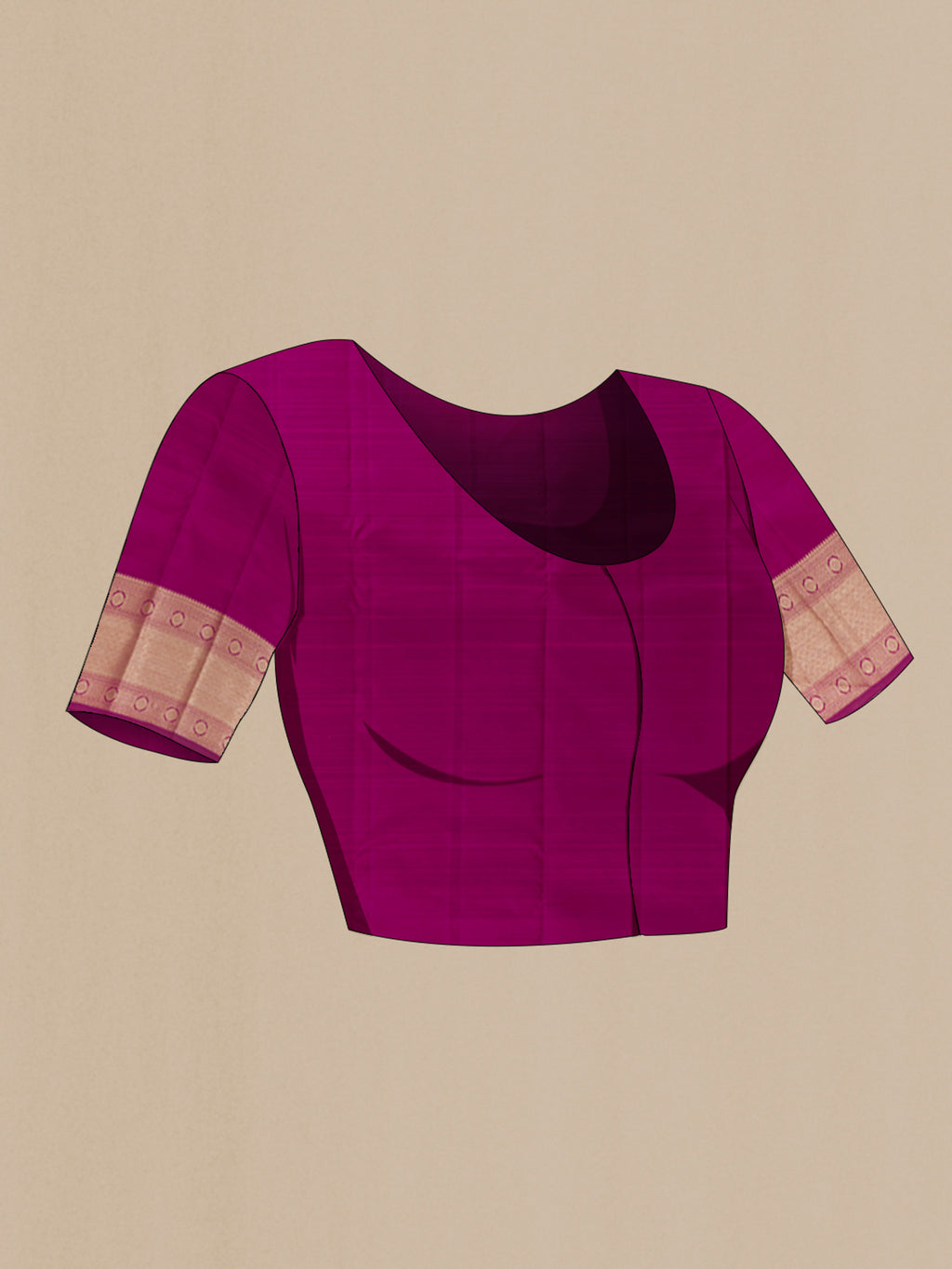 Close up image of the blouse of Magenta Kanjivaram Silk Saree with Zari Butta on the body and Zari Border. 