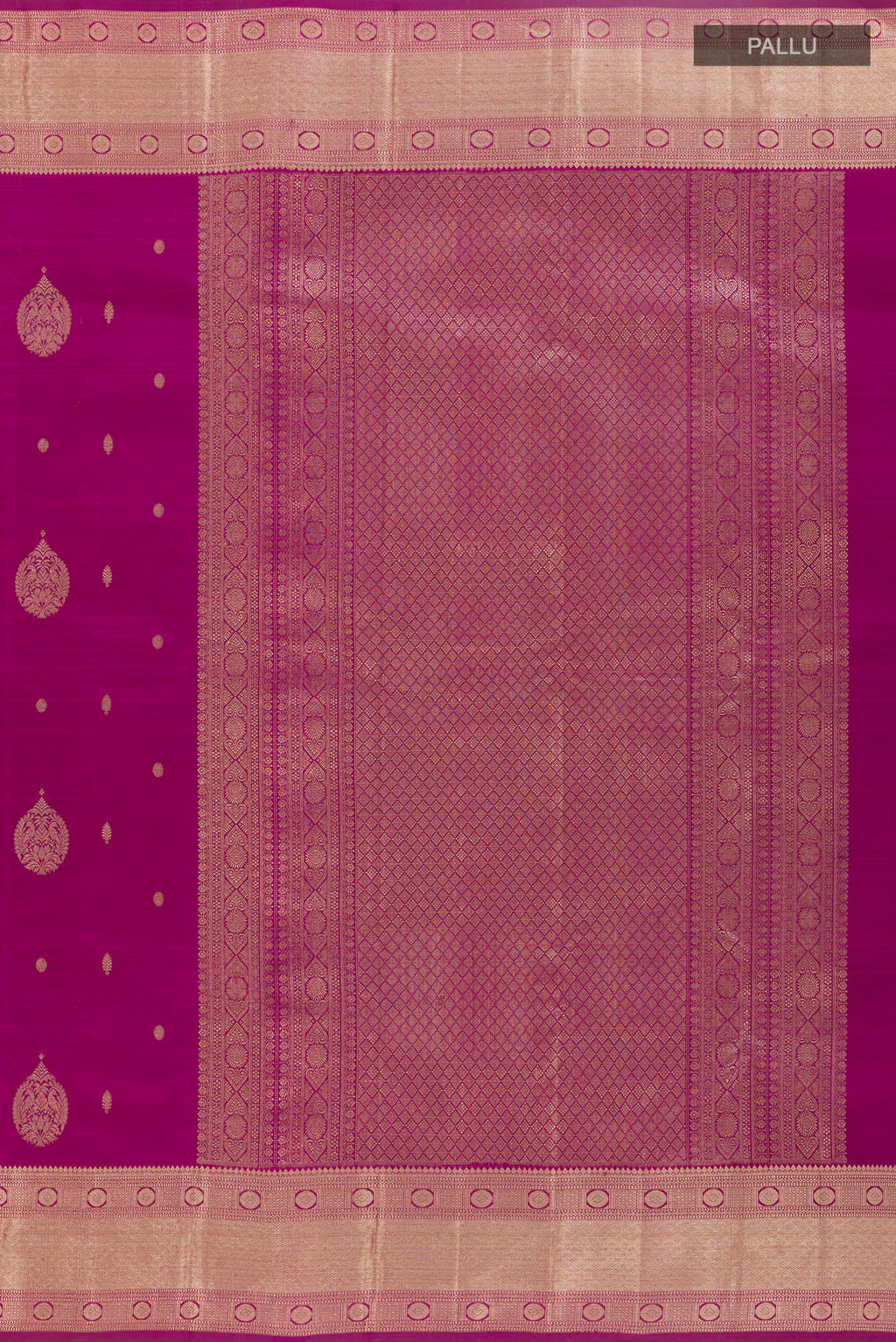 Close up image of the pallu of Magenta Kanjivaram Silk Saree with Zari Butta on the body and Zari Border. 