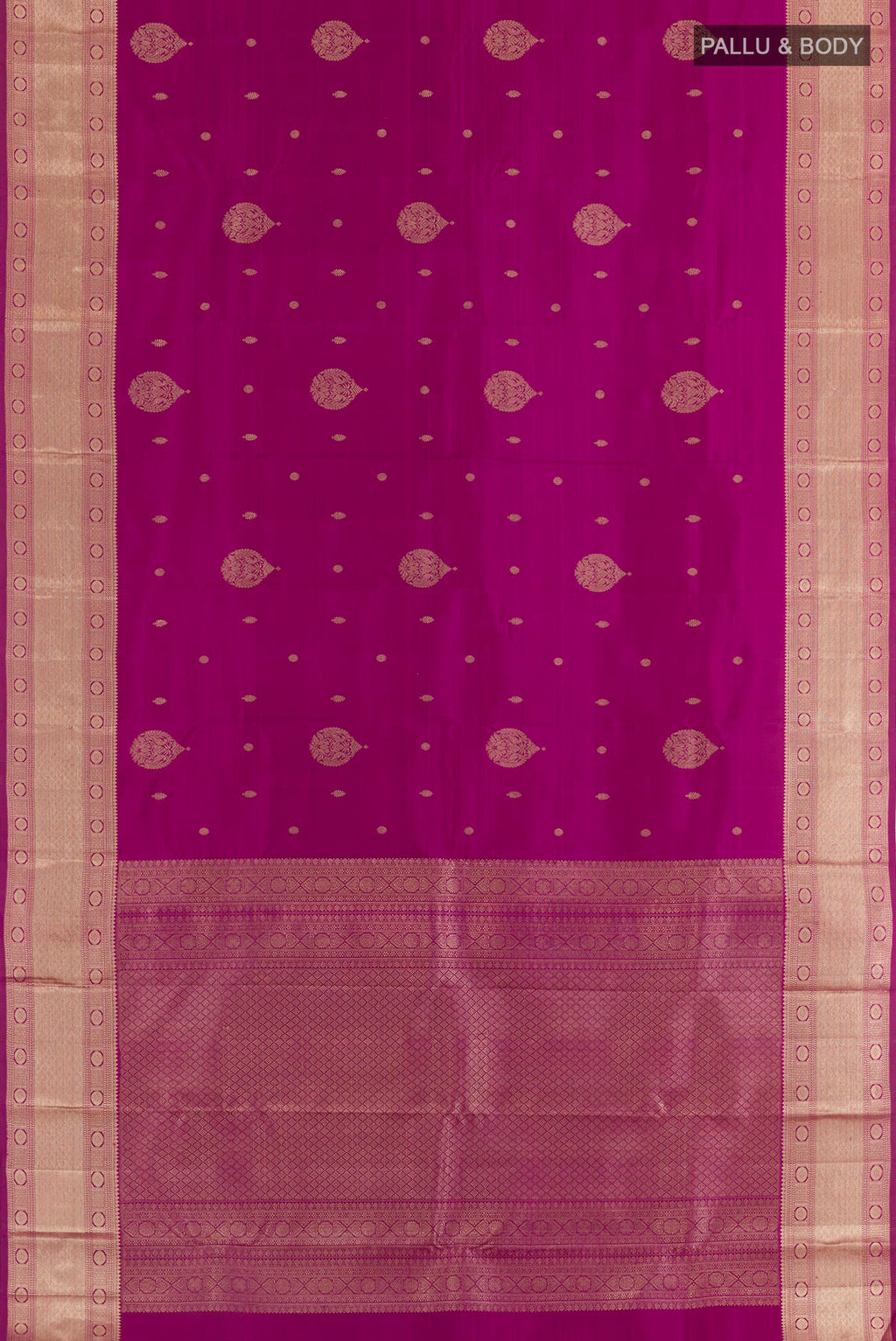 Flat view of Magenta Kanjivaram Silk Saree with Zari Butta on the body and Zari Border. 