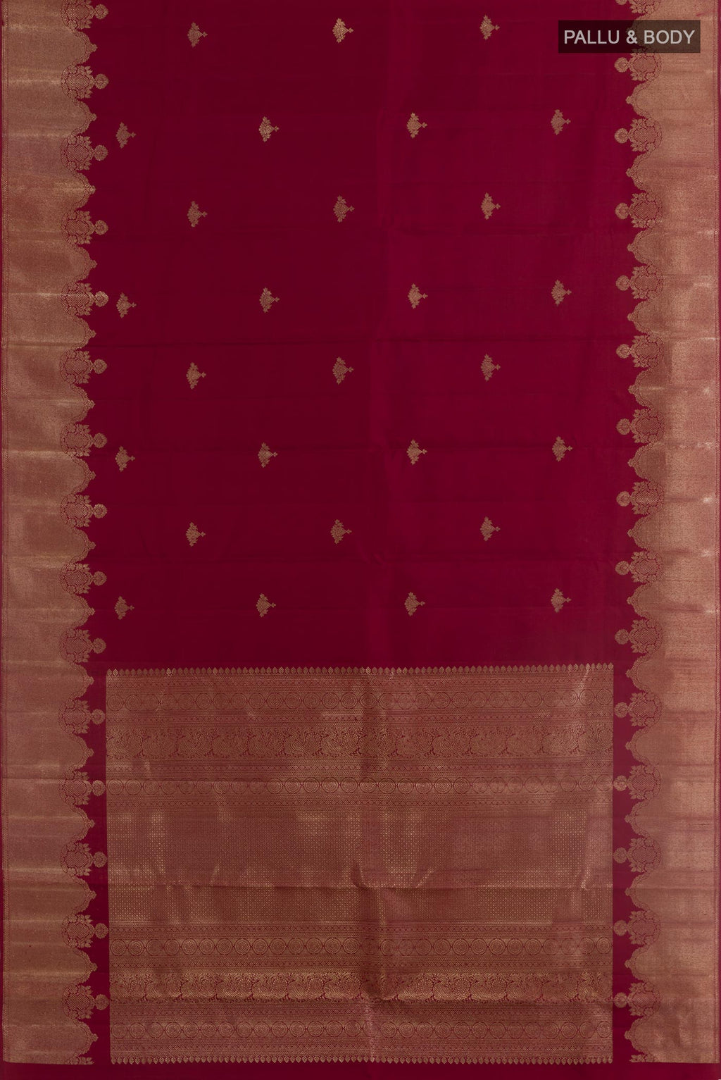 Flat view of Maroon Kanjivaram Silk Saree with Zari Butta on the body and Zari Border. 