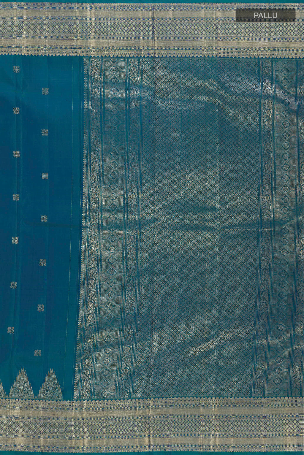 Close up image of the pallu of Pure Silk Peacock Blue Kanjivaram Saree with Zari Butta on the body and Zari Border. 