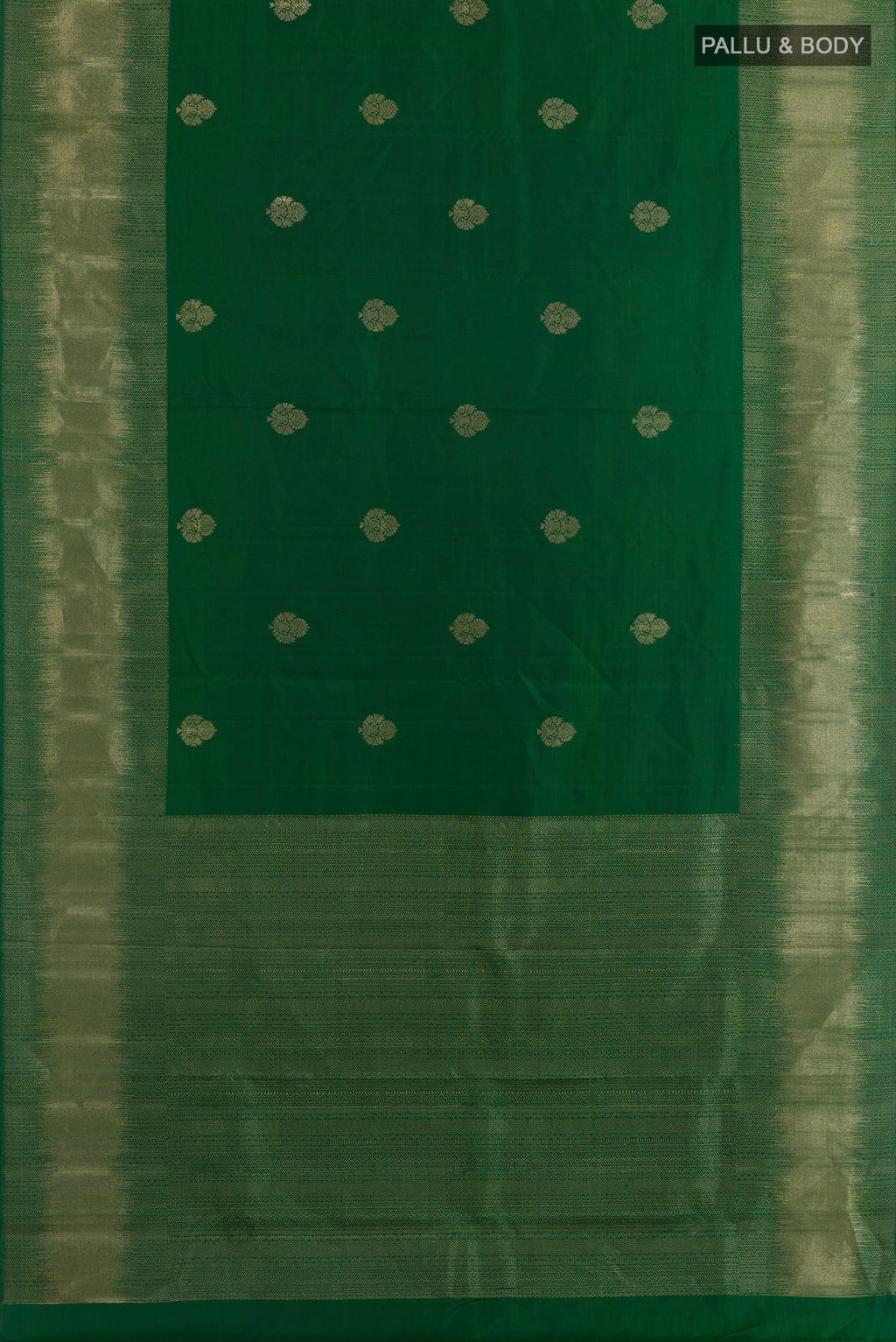 Flat view of Green Kanjivaram Silk Saree with Zari Butta on the body and Zari Border. 
