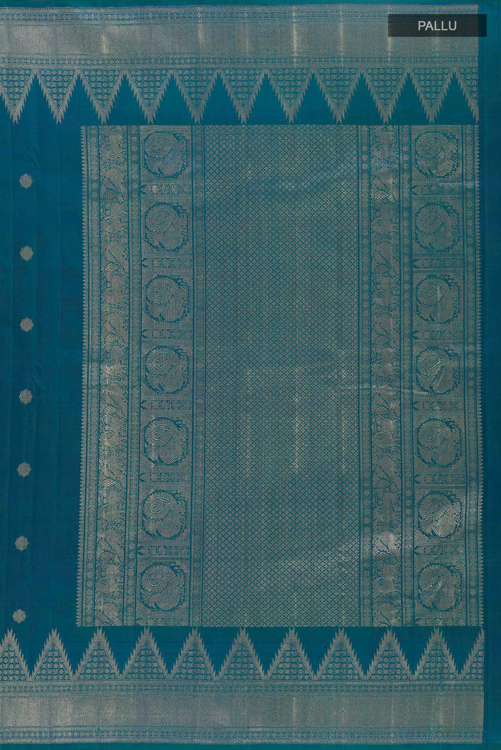 Close up image of the pallu of Peacock Blue Kanchipuram Silk Saree with Zari Butta on the body and Temple Border. 