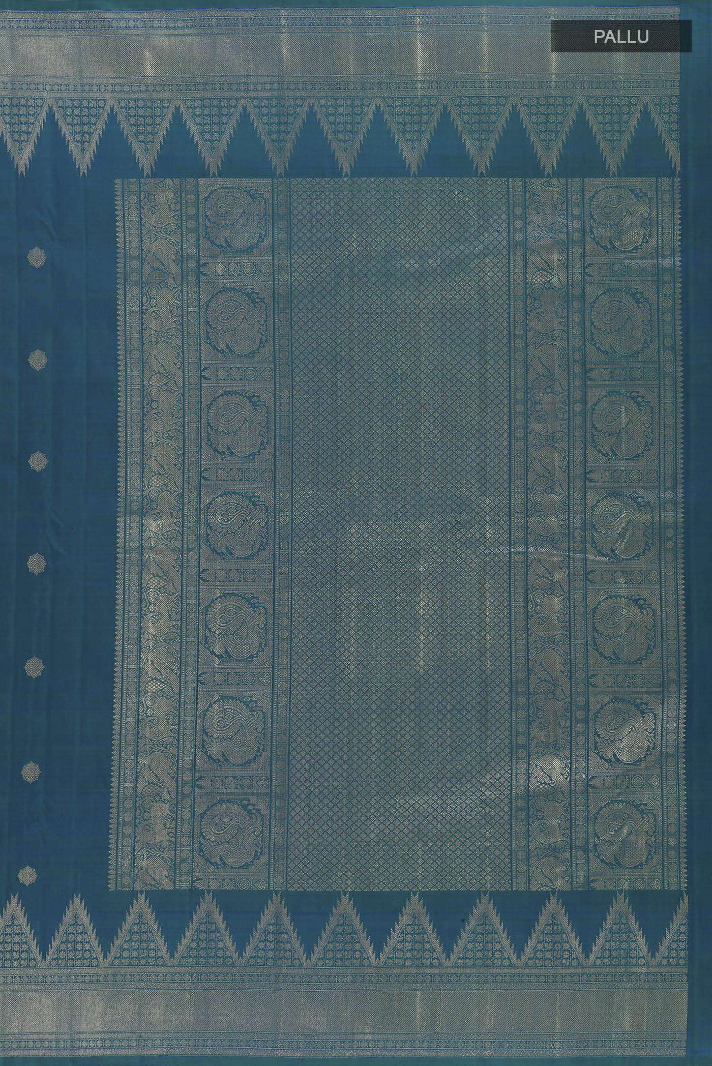 Close up image of the pallu of Peacock Blue Kanchipuram Silk Saree with Zari Butta on the body and Temple Border. 