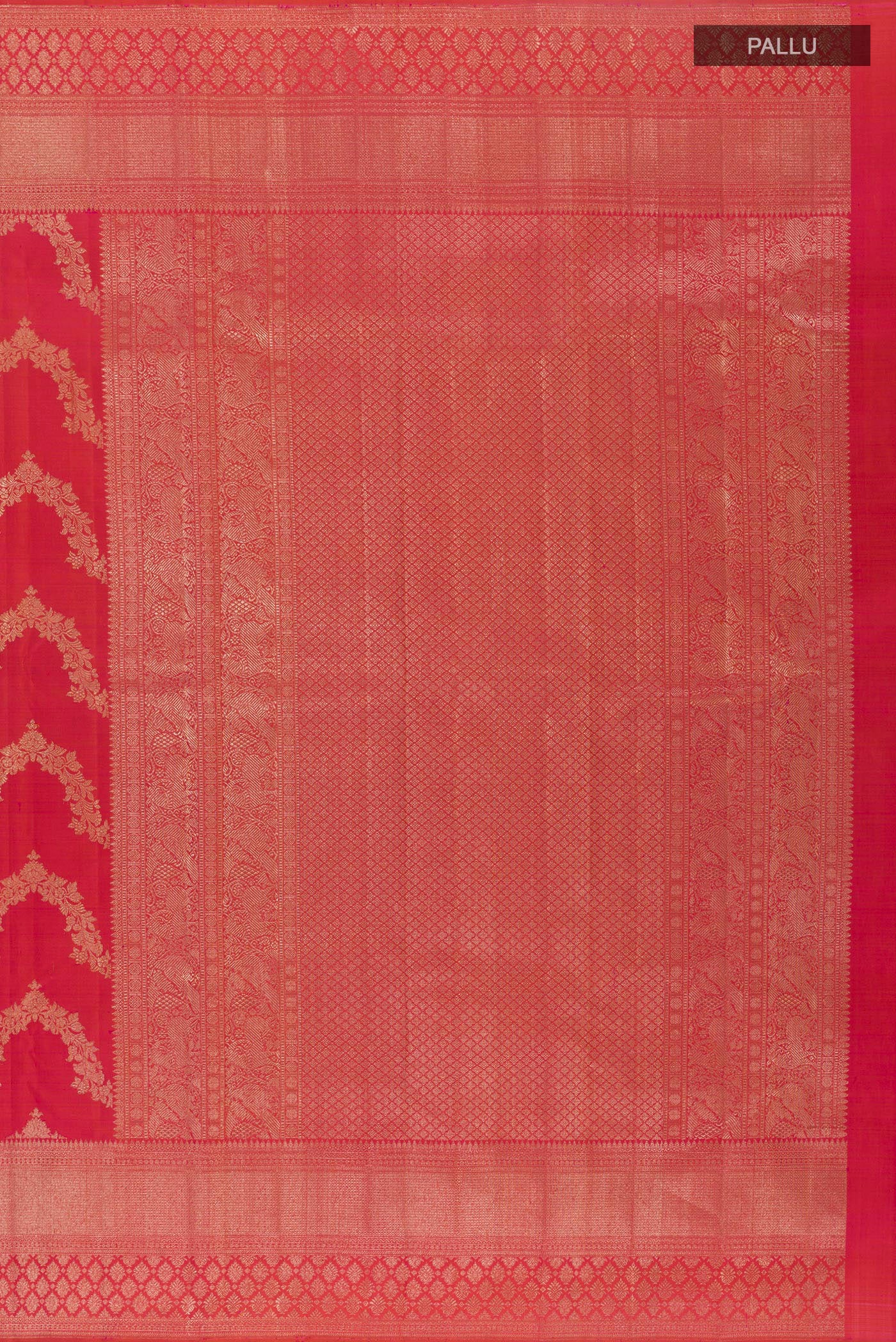 Close up image of the pallu of Pink Kanchipuram Silk Saree with Zari Brocade on the body and Zari Border. 